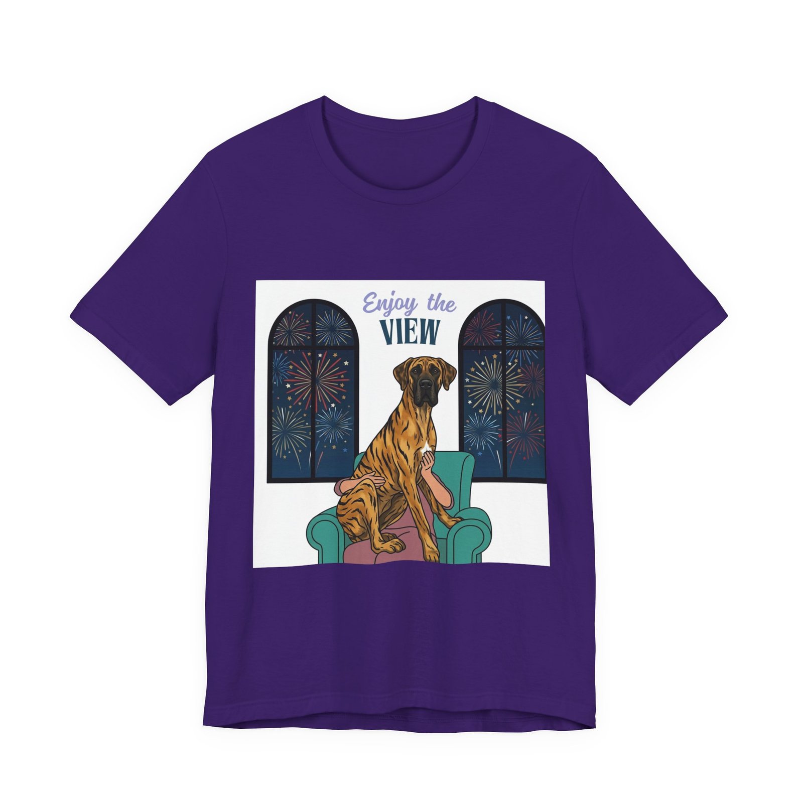 Brindle with white chest marking Great Dane Enjoy the View T-Shirt — Dog Watching Fireworks Graphic Tee - Image 51