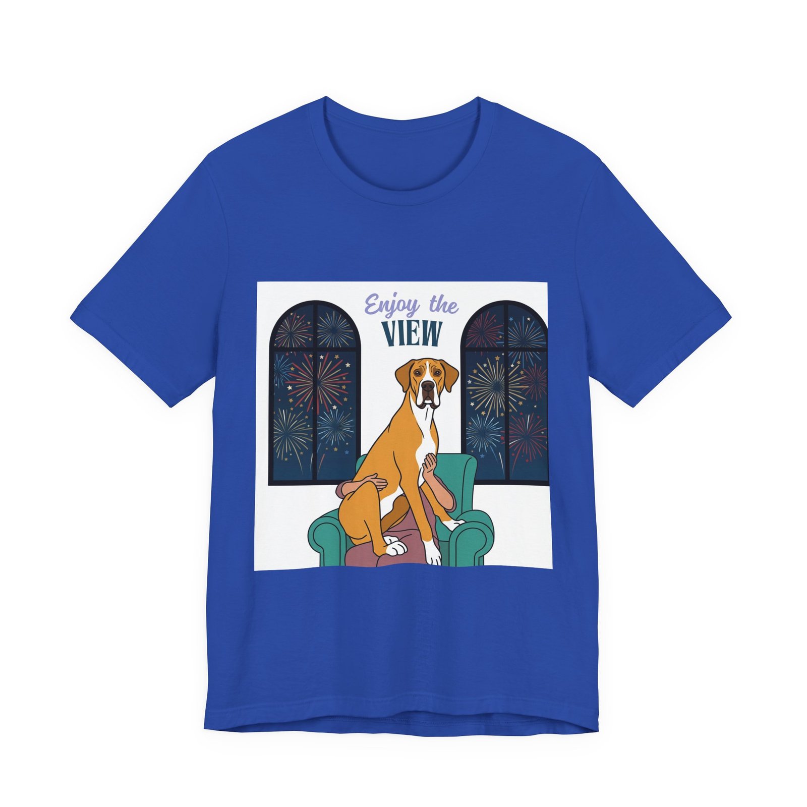 Fawn Mantle Great Dane Enjoy the View T-Shirt — Dog Watching Fireworks Graphic Tee - Image 46