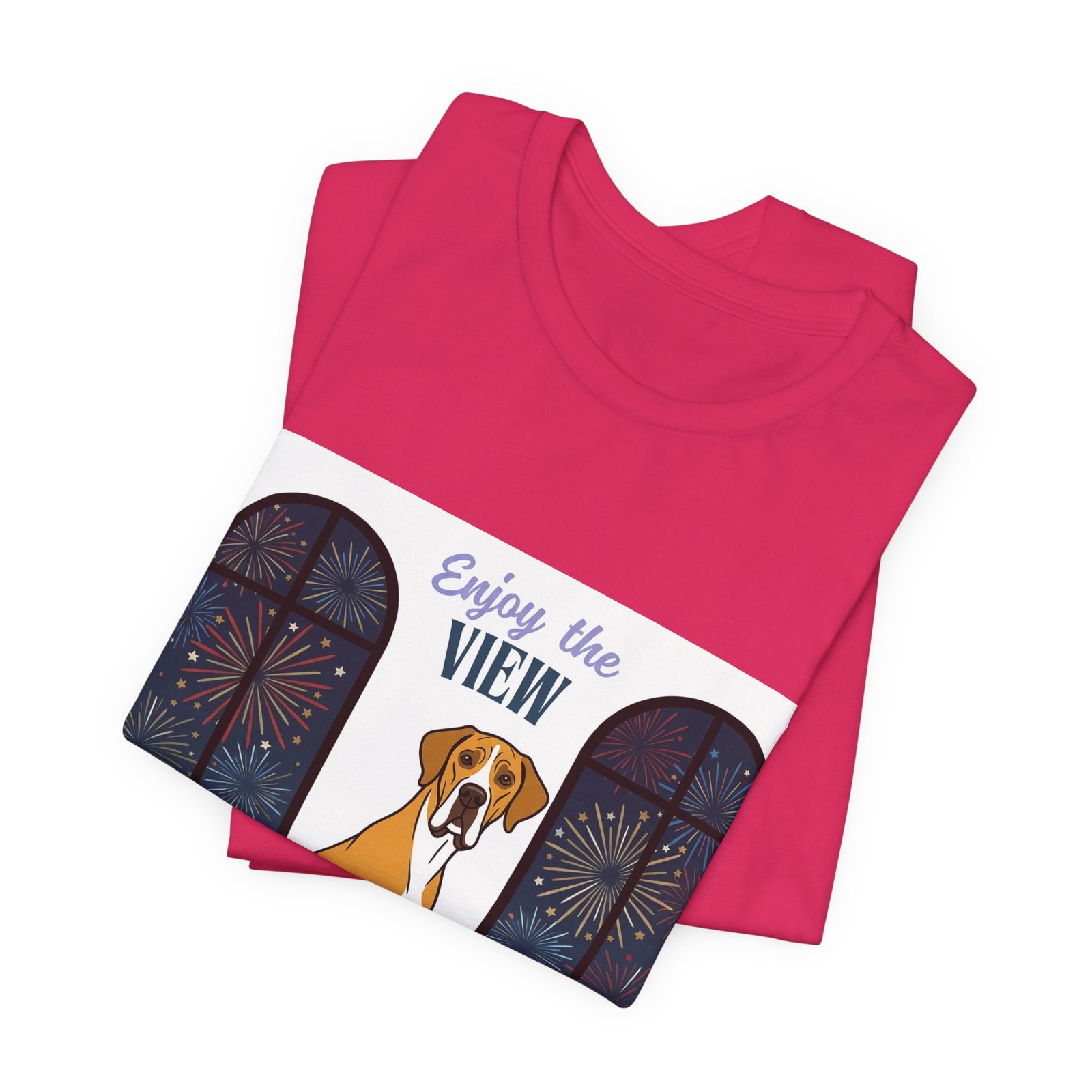 Fawn Mantle Great Dane Enjoy the View T-Shirt — Dog Watching Fireworks Graphic Tee - Image 4