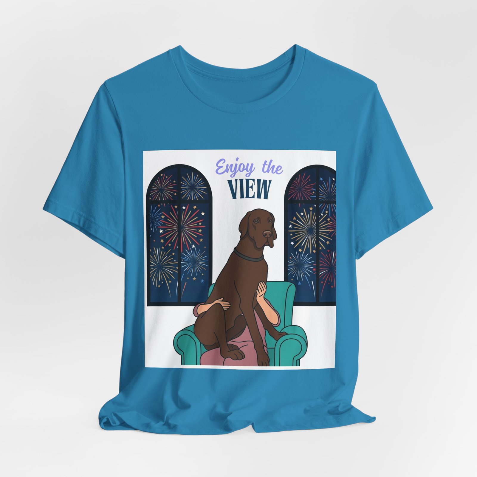 Chocolate Great Dane Enjoy the View T-Shirt — Dog Watching Fireworks Graphic Tee - Image 5