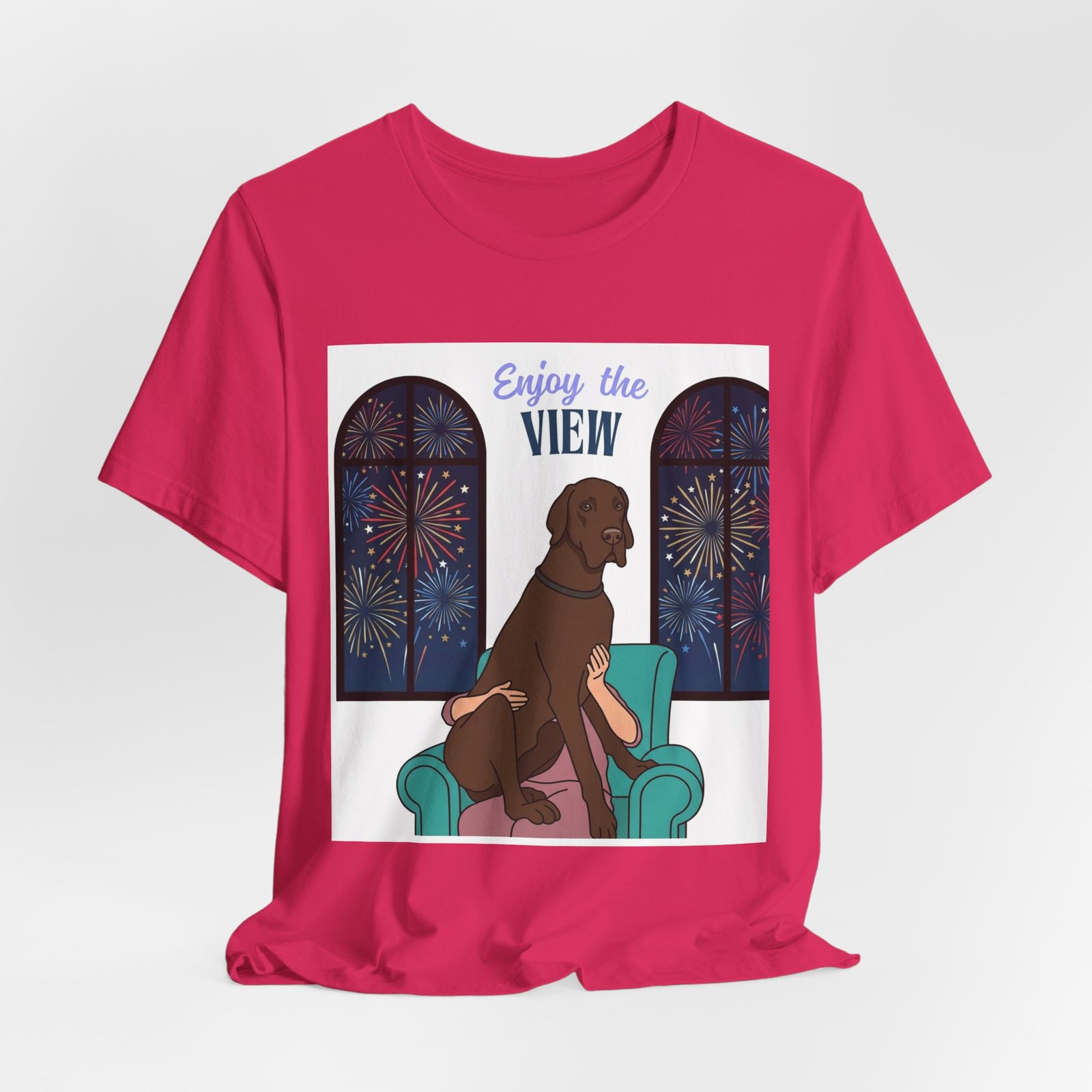 Chocolate Great Dane Enjoy the View T-Shirt — Dog Watching Fireworks Graphic Tee - Image 59