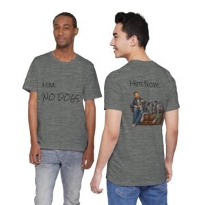 Blue Merle Great Dane T-Shirt — "NO DOGS" Script Front with Man and Dog on Couch Graphic