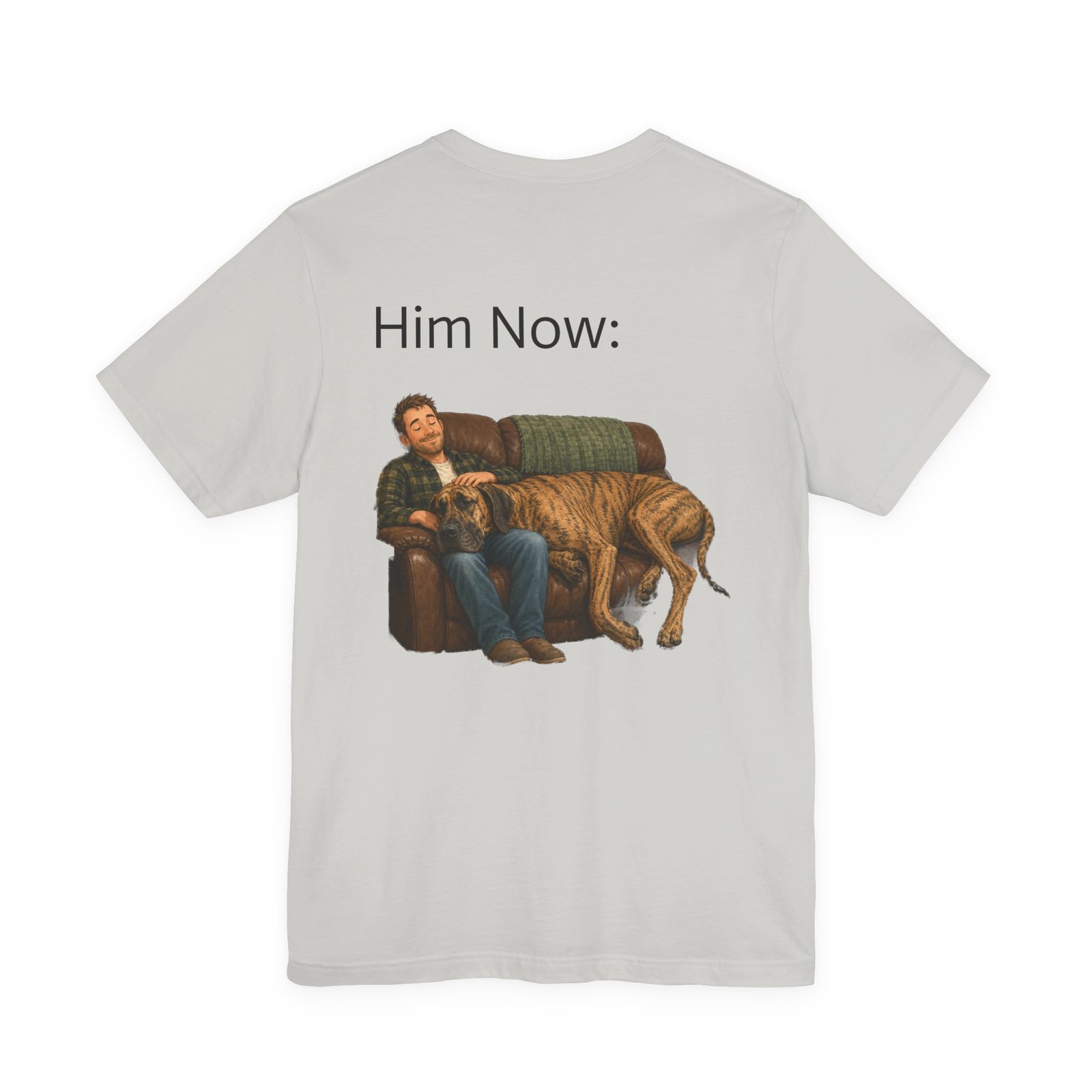 Brindle Great Dane T-Shirt — "NO DOGS" Script Front with Man and Dog on Couch Graphic - Image 13