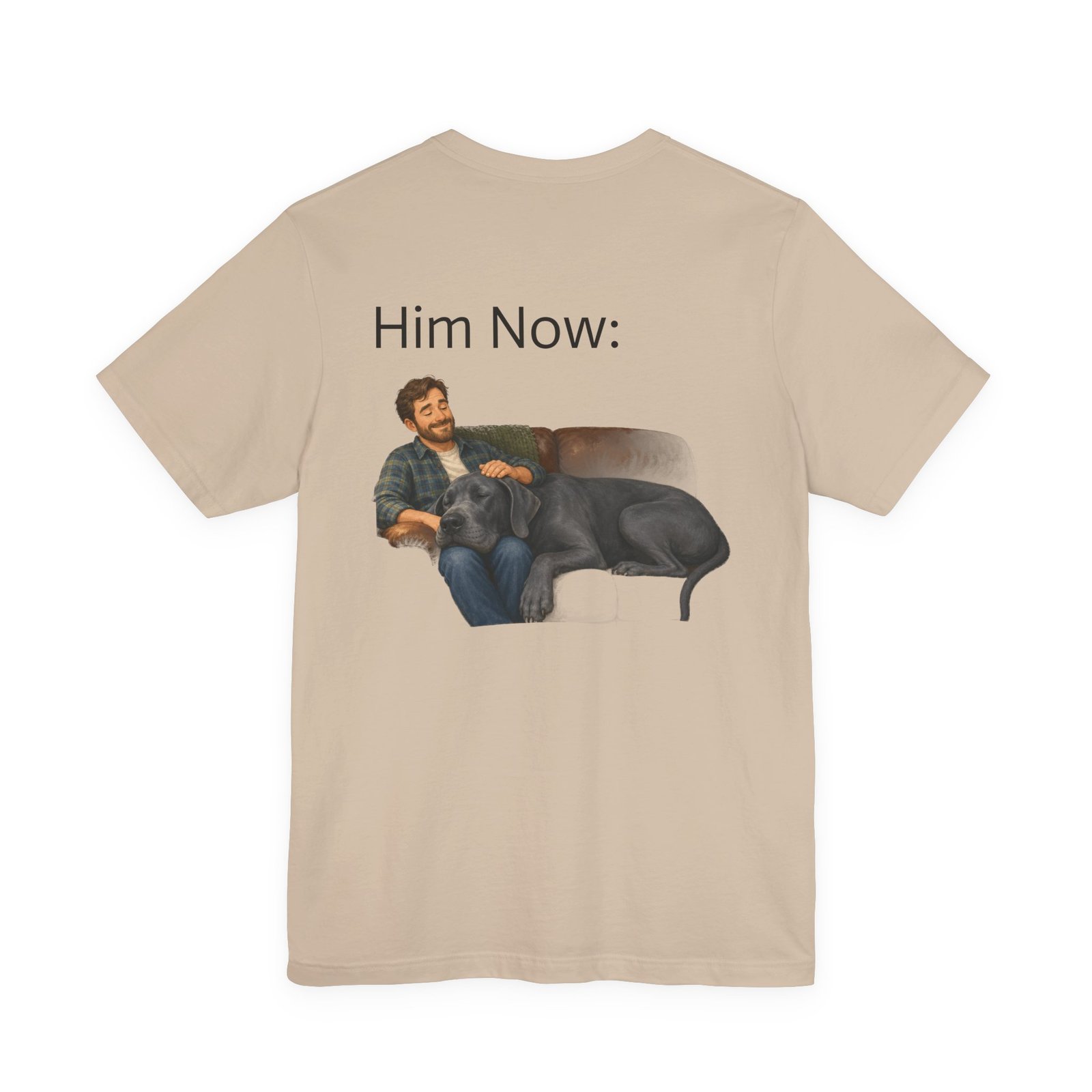 Blue Great Dane T-Shirt — "NO DOGS" Script Front with Man and Dog on Couch Graphic - Image 37