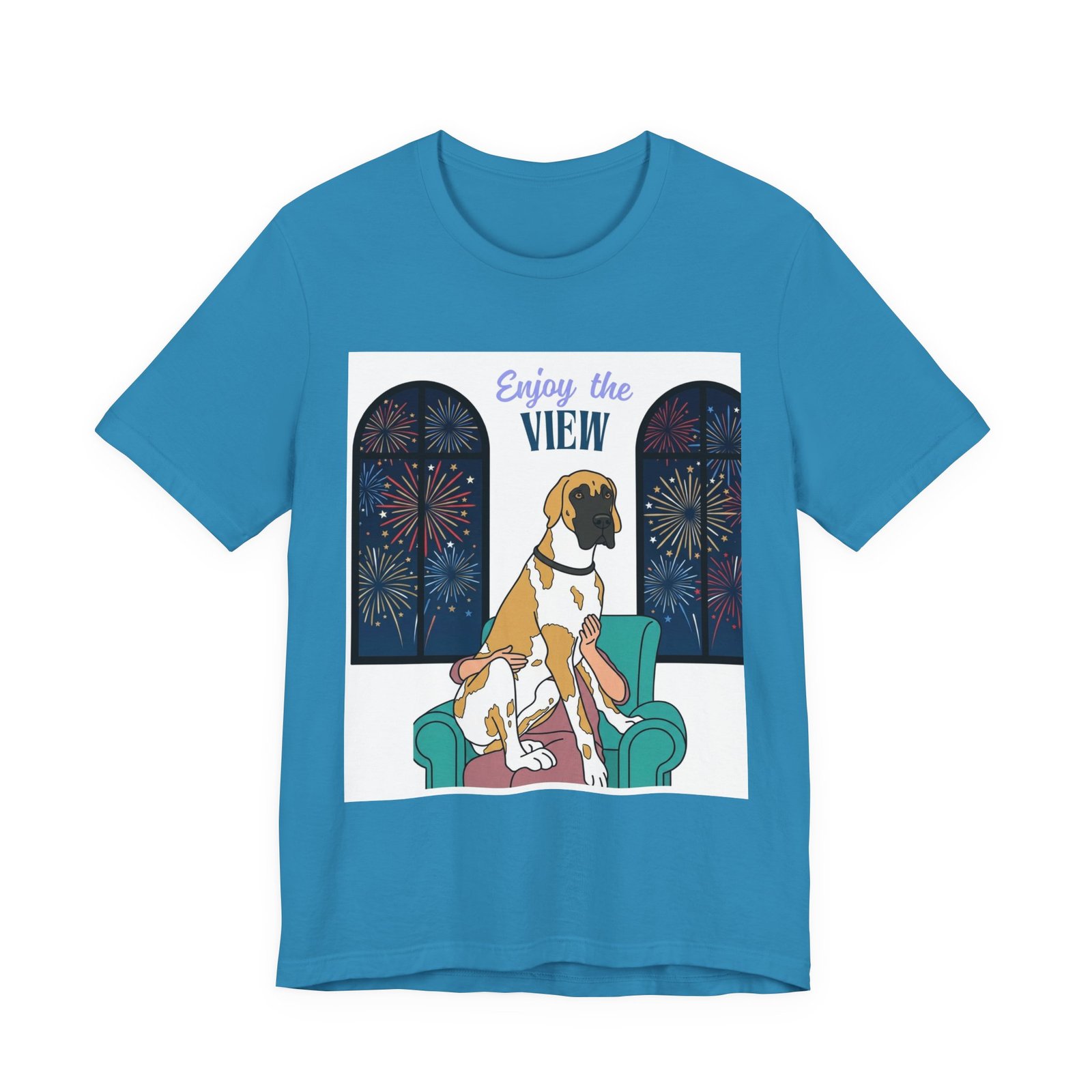 Fawnequin Great Dane Enjoy the View T-Shirt — Dog Watching Fireworks Graphic Tee - Image 7