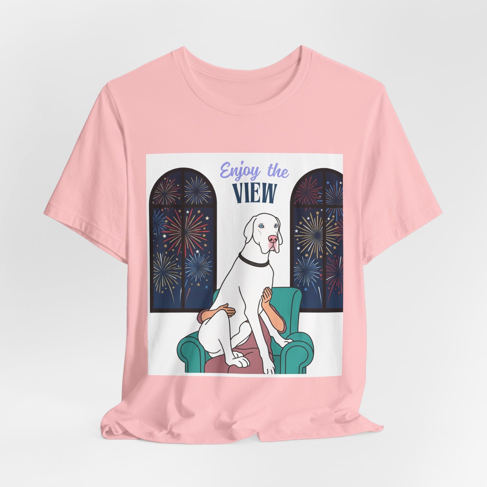 White with Blue Eyes Great Dane Enjoy the View T-Shirt — Dog Watching Fireworks Graphic Tee - Image 64