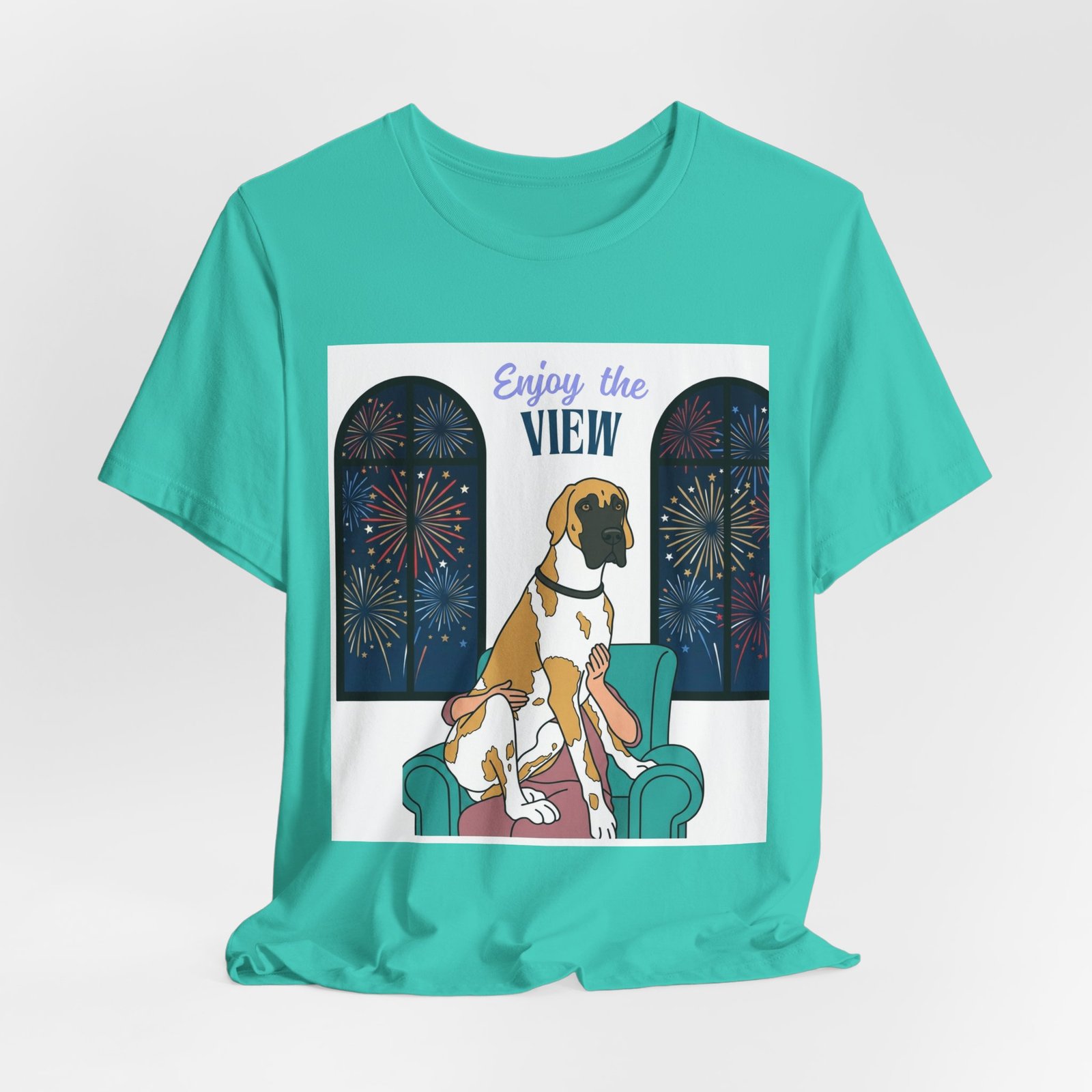 Fawnequin Great Dane Enjoy the View T-Shirt — Dog Watching Fireworks Graphic Tee - Image 29