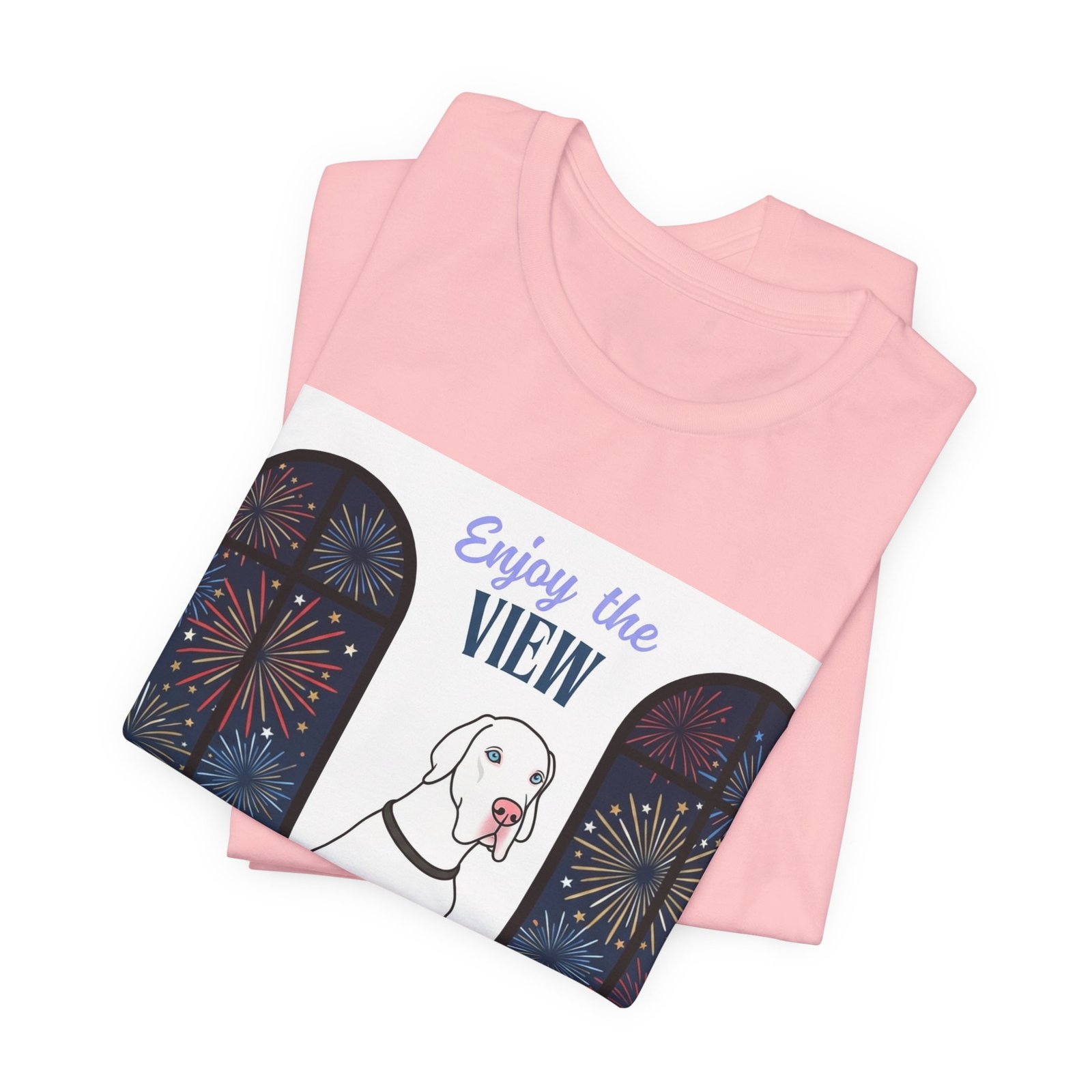 White with Blue Eyes Great Dane Enjoy the View T-Shirt — Dog Watching Fireworks Graphic Tee - Image 63