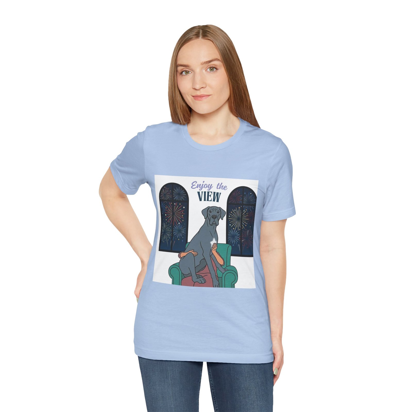 Blue with white chest marking Great Dane Enjoy the View T-Shirt — Dog Watching Fireworks Graphic Tee - Image 45