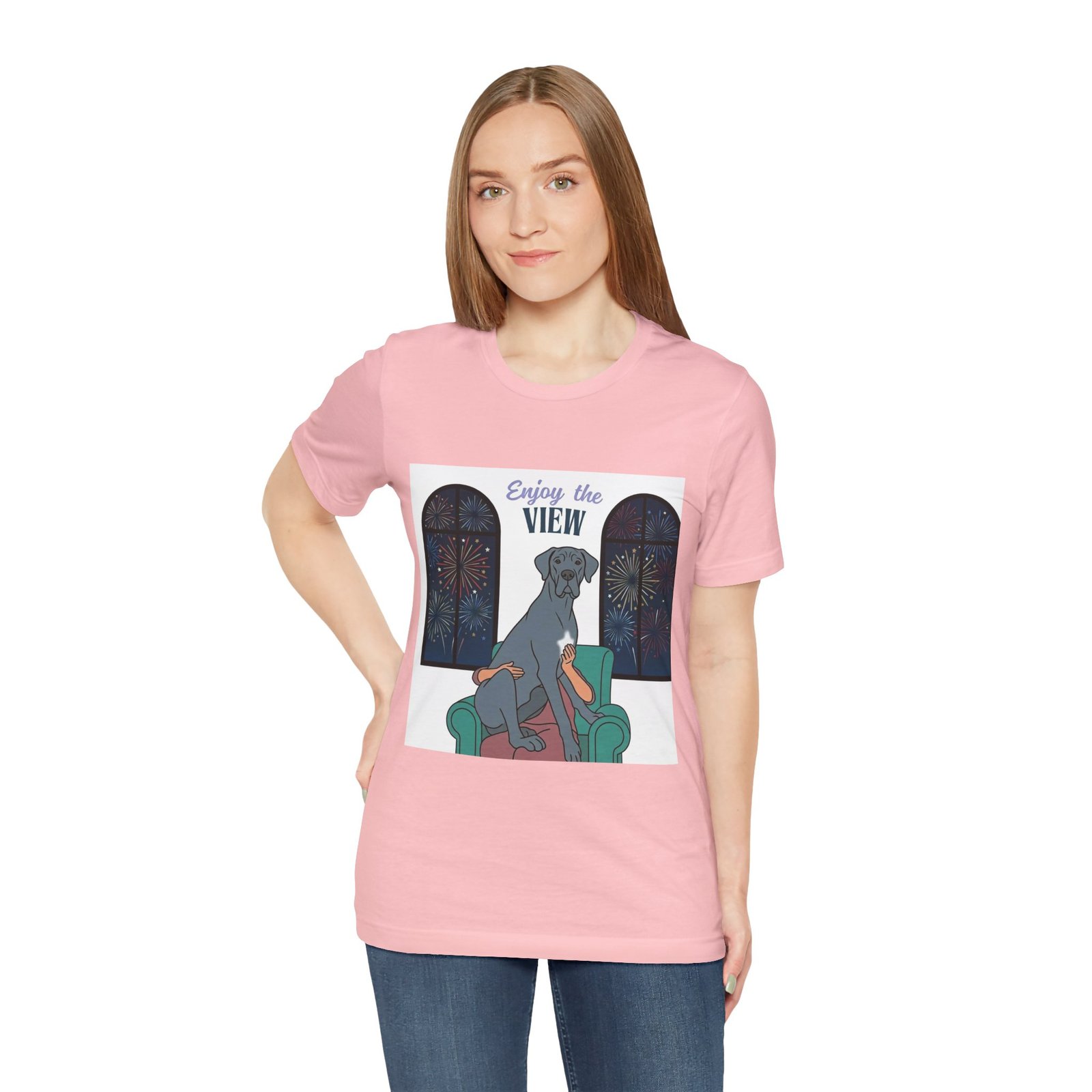 Blue with white chest marking Great Dane Enjoy the View T-Shirt — Dog Watching Fireworks Graphic Tee - Image 65