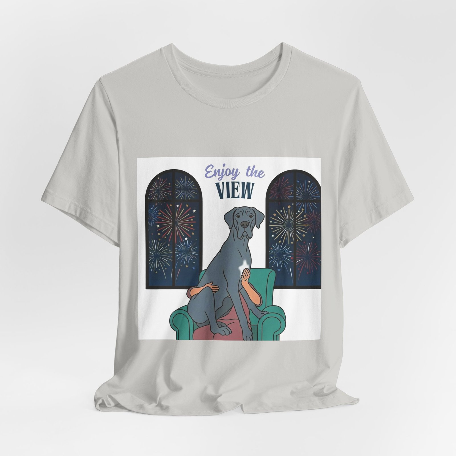 Blue with white chest marking Great Dane Enjoy the View T-Shirt — Dog Watching Fireworks Graphic Tee - Image 24