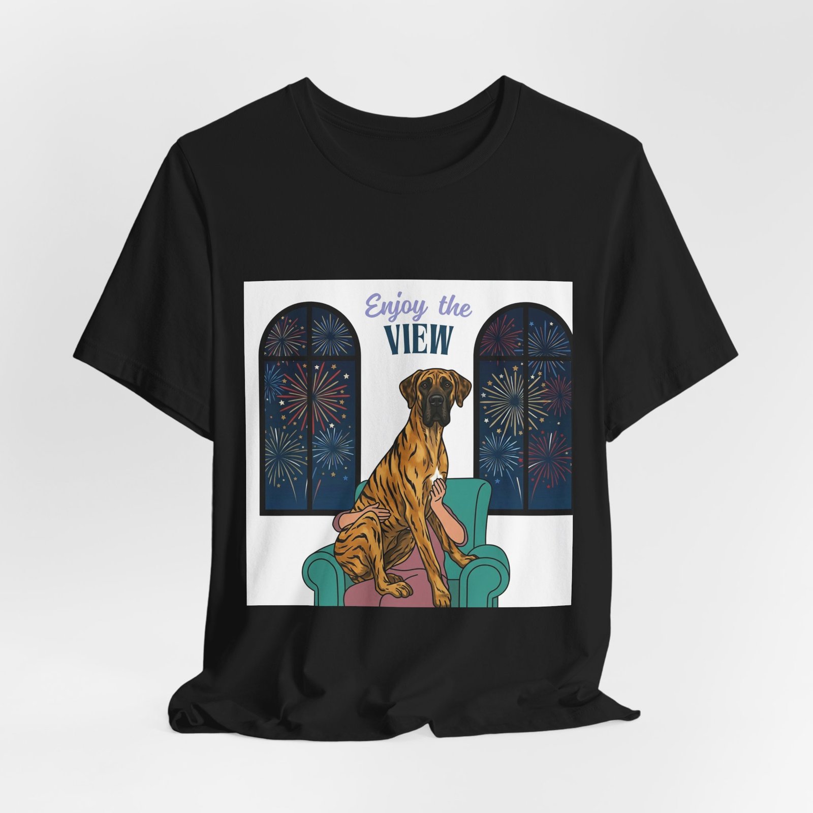 Brindle with white chest marking Great Dane Enjoy the View T-Shirt — Dog Watching Fireworks Graphic Tee - Image 15