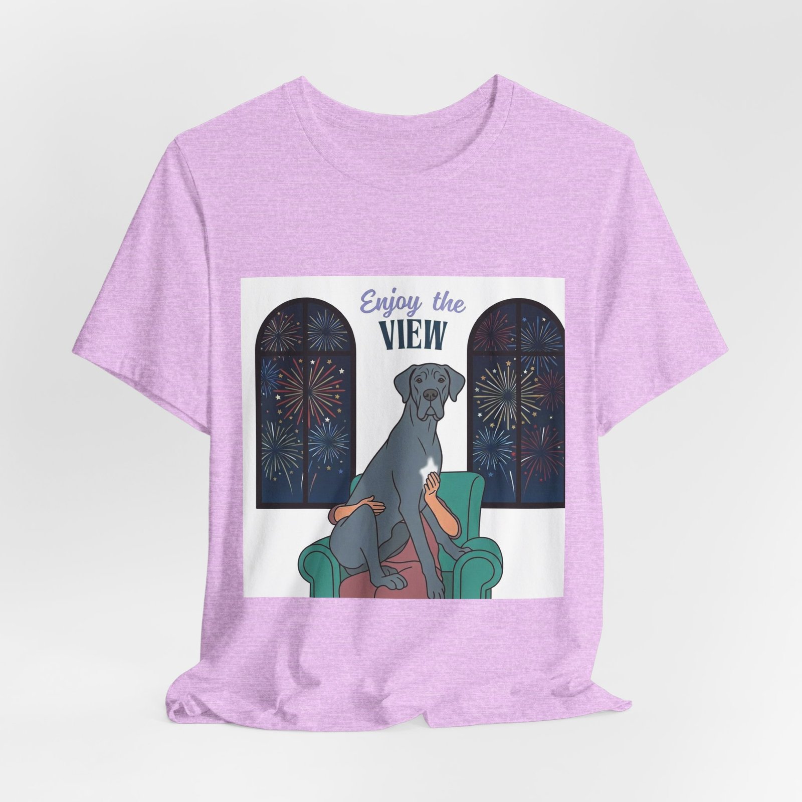 Blue with white chest marking Great Dane Enjoy the View T-Shirt — Dog Watching Fireworks Graphic Tee - Image 54