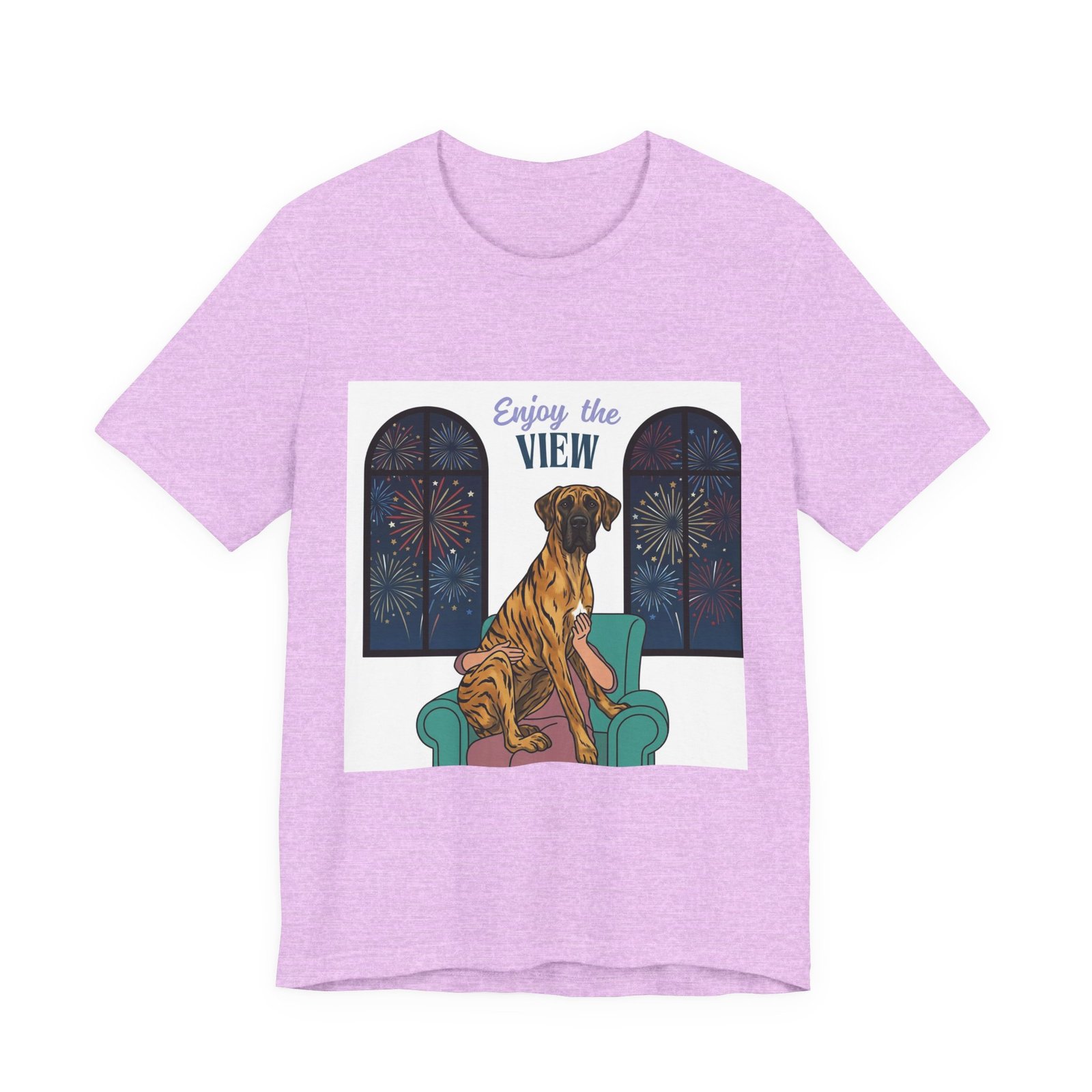 Brindle with white chest marking Great Dane Enjoy the View T-Shirt — Dog Watching Fireworks Graphic Tee - Image 2