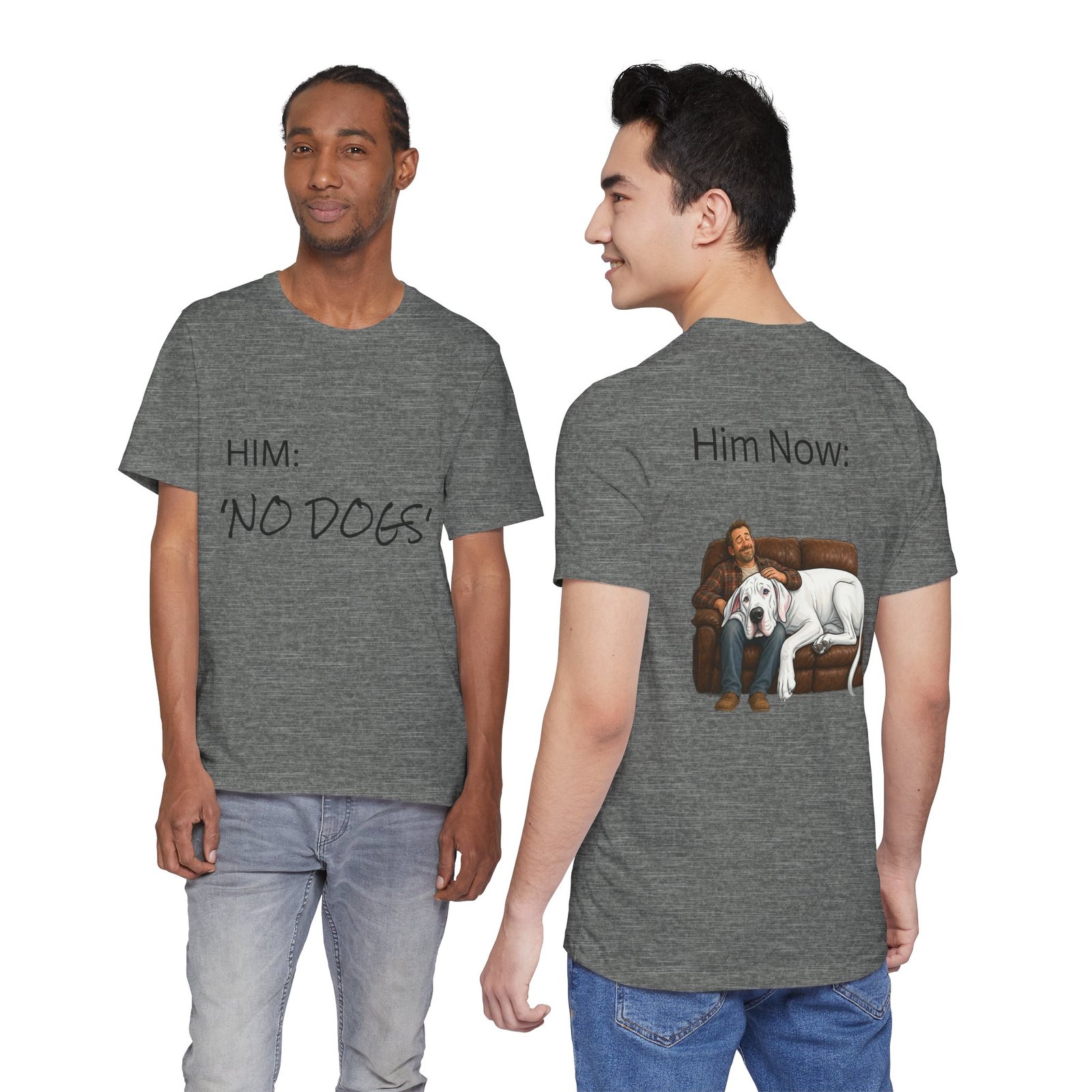 White Great Dane T-Shirt — "NO DOGS" Script Front with Man and Dog on Couch Graphic - Image 2
