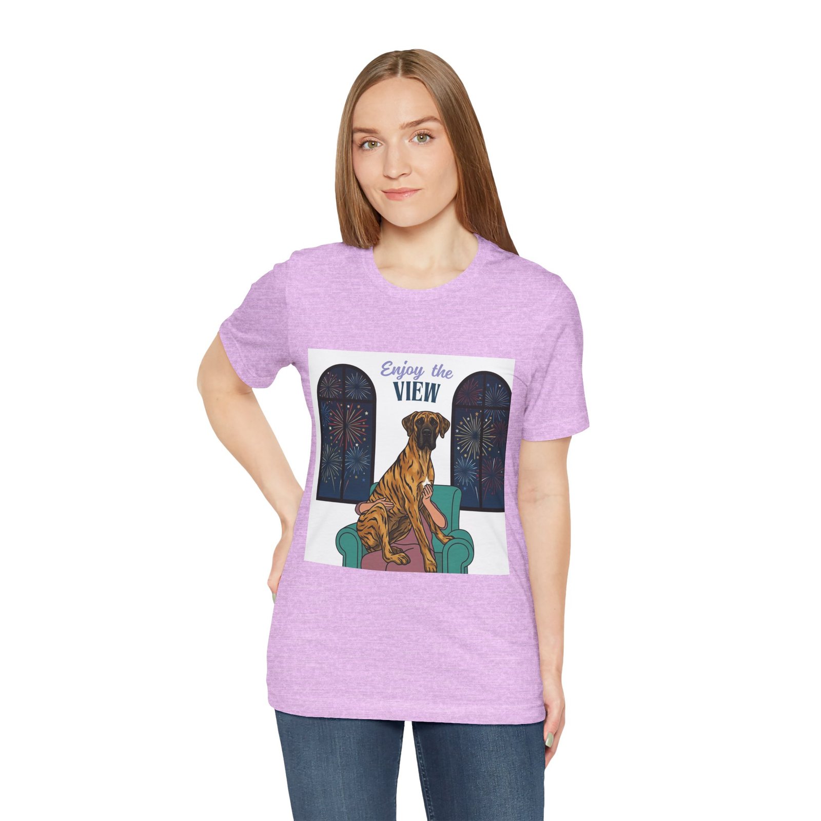 Brindle with white chest marking Great Dane Enjoy the View T-Shirt — Dog Watching Fireworks Graphic Tee