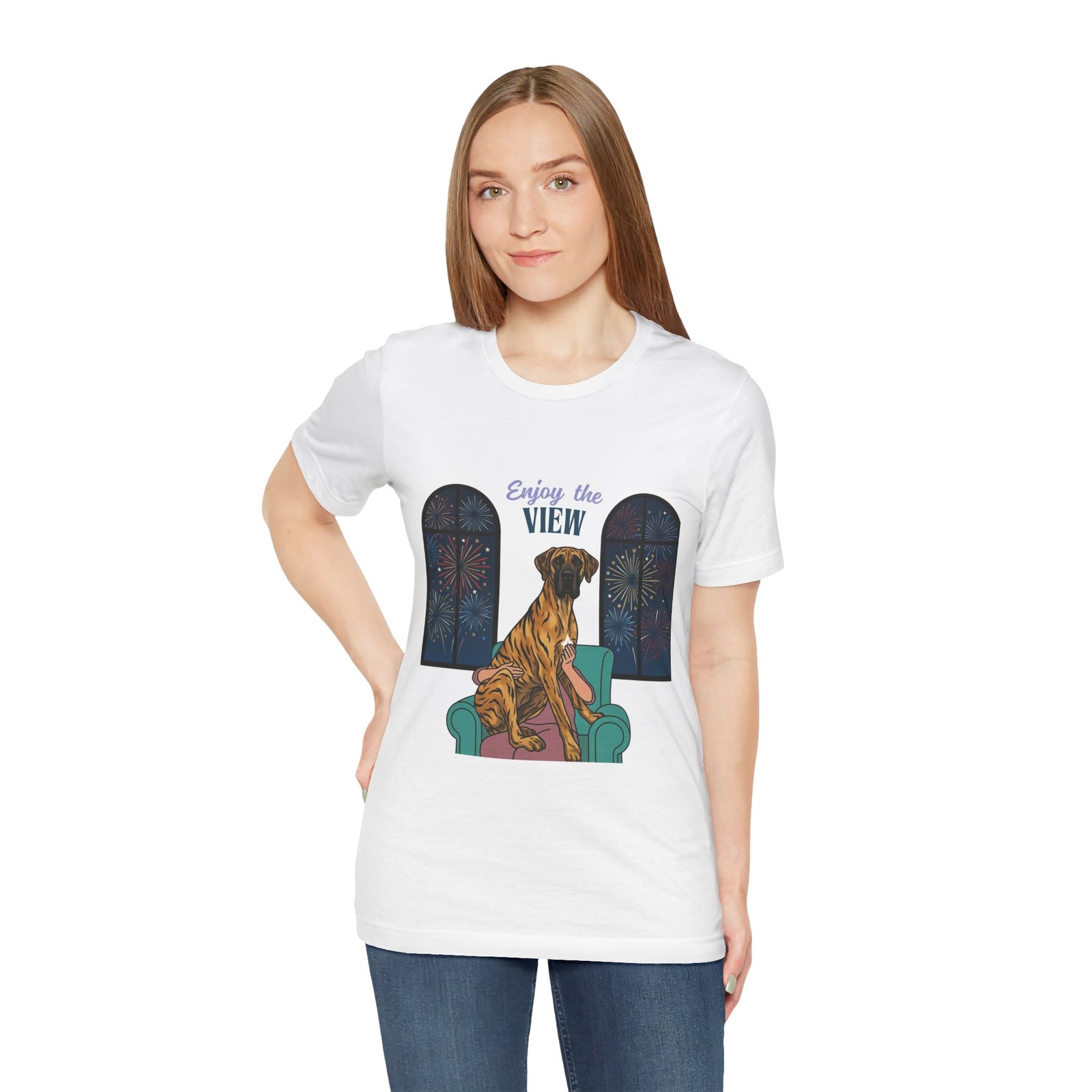 Brindle with white chest marking Great Dane Enjoy the View T-Shirt — Dog Watching Fireworks Graphic Tee - Image 16