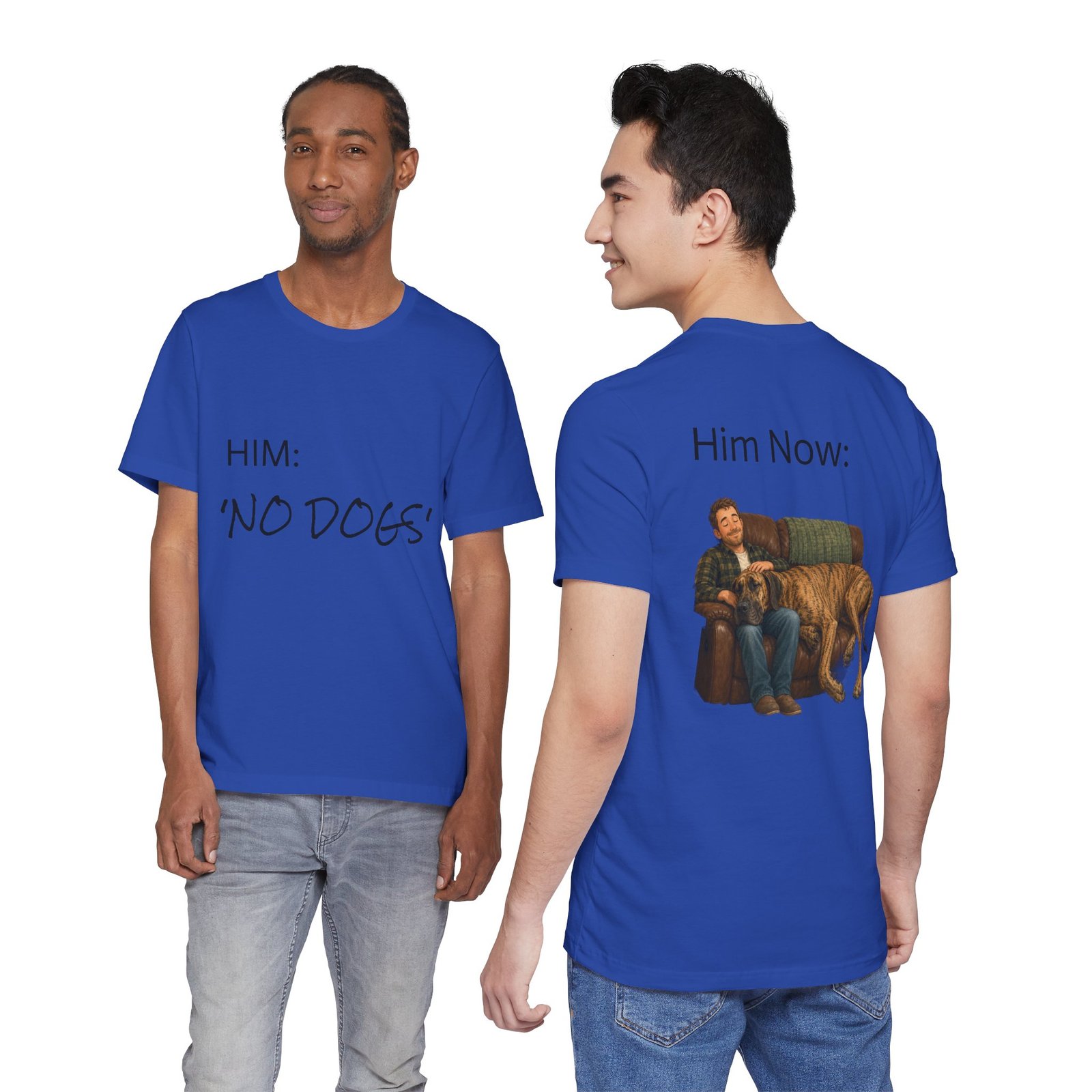 Brindle Great Dane T-Shirt — "NO DOGS" Script Front with Man and Dog on Couch Graphic - Image 40