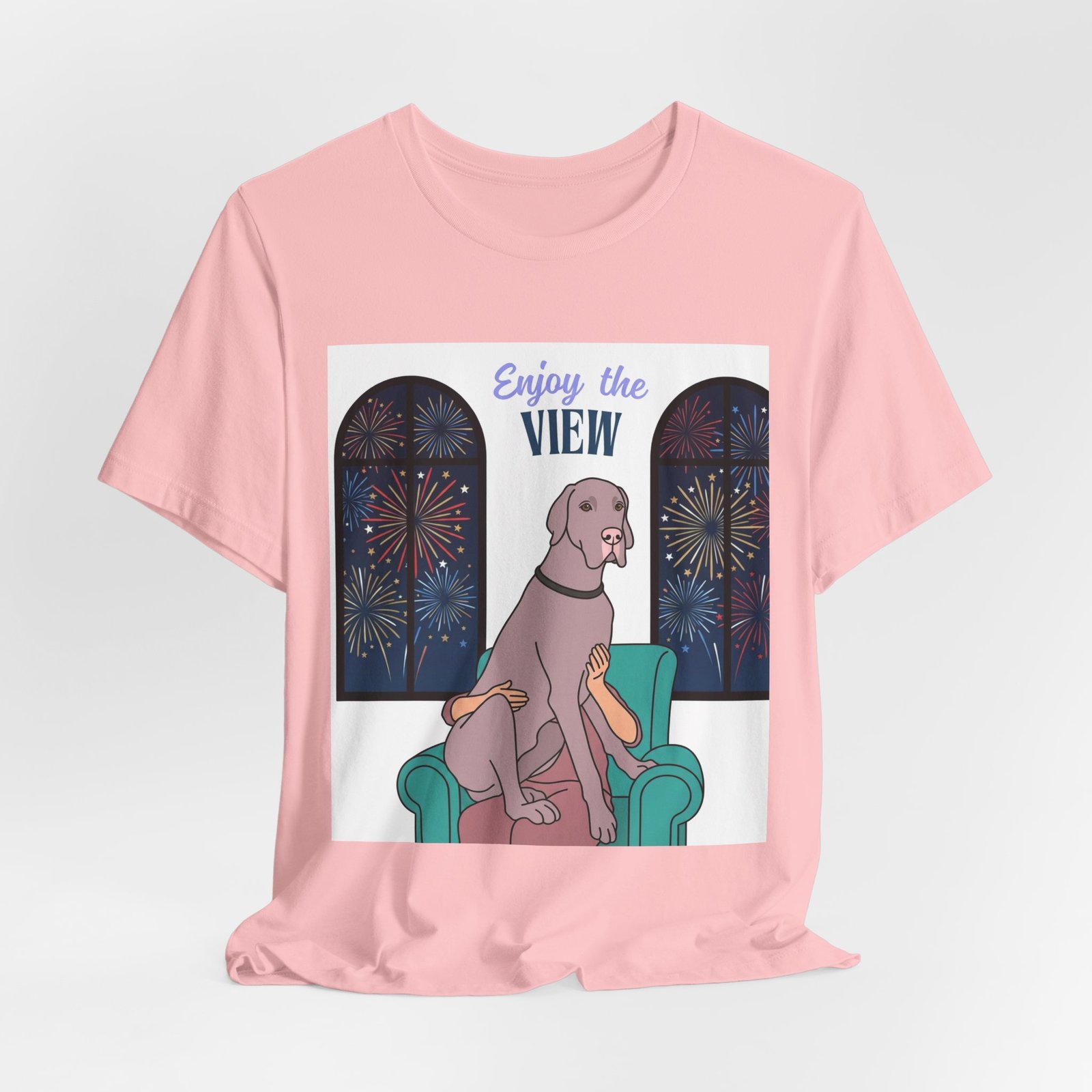 Lilac Great Dane Enjoy the View T-Shirt — Dog Watching Fireworks Graphic Tee - Image 5