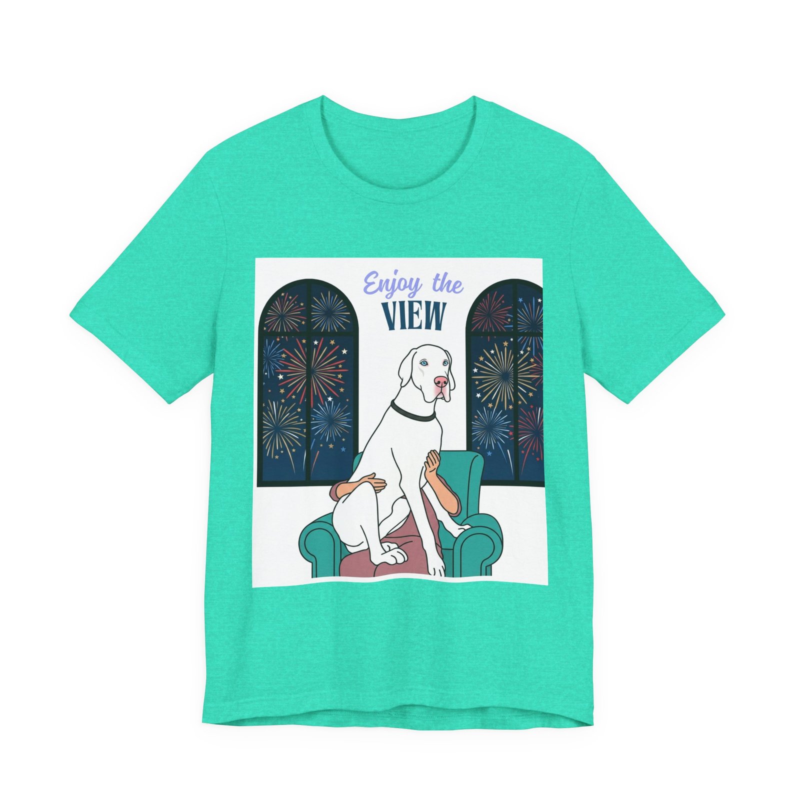 White with Blue Eyes Great Dane Enjoy the View T-Shirt — Dog Watching Fireworks Graphic Tee - Image 2