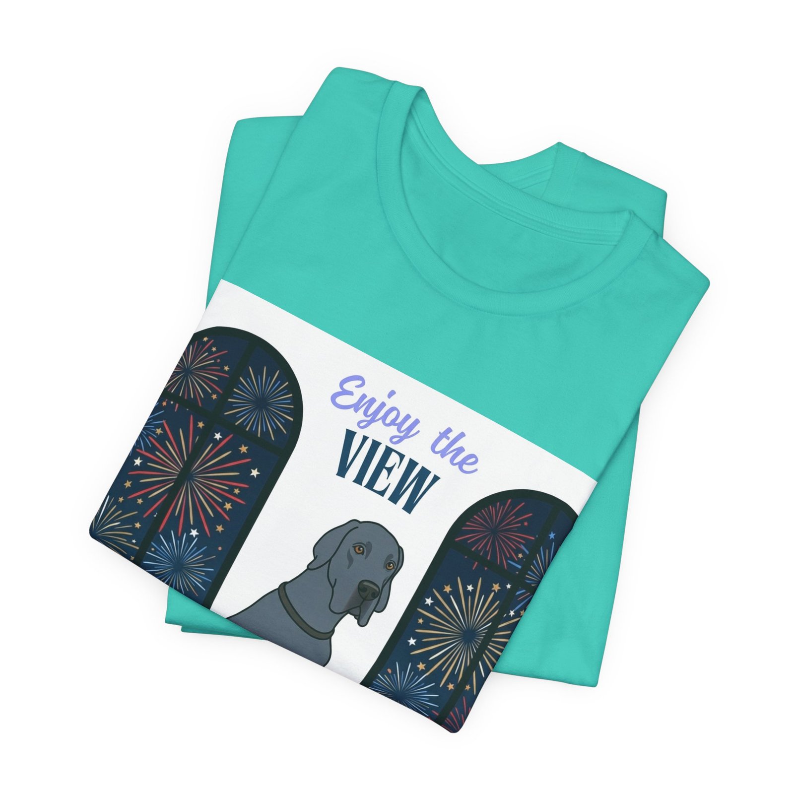 Blue Great Dane Enjoy the View T-Shirt — Dog Watching Fireworks Graphic Tee - Image 4
