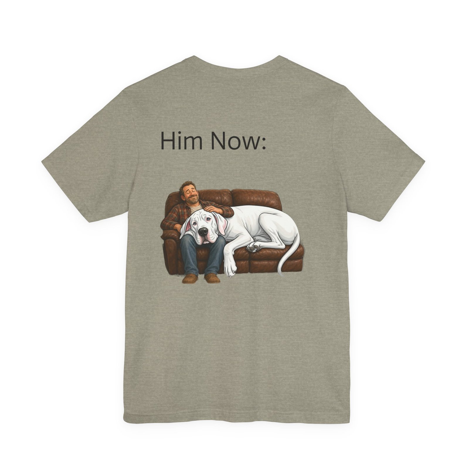 White Great Dane T-Shirt — "NO DOGS" Script Front with Man and Dog on Couch Graphic - Image 43