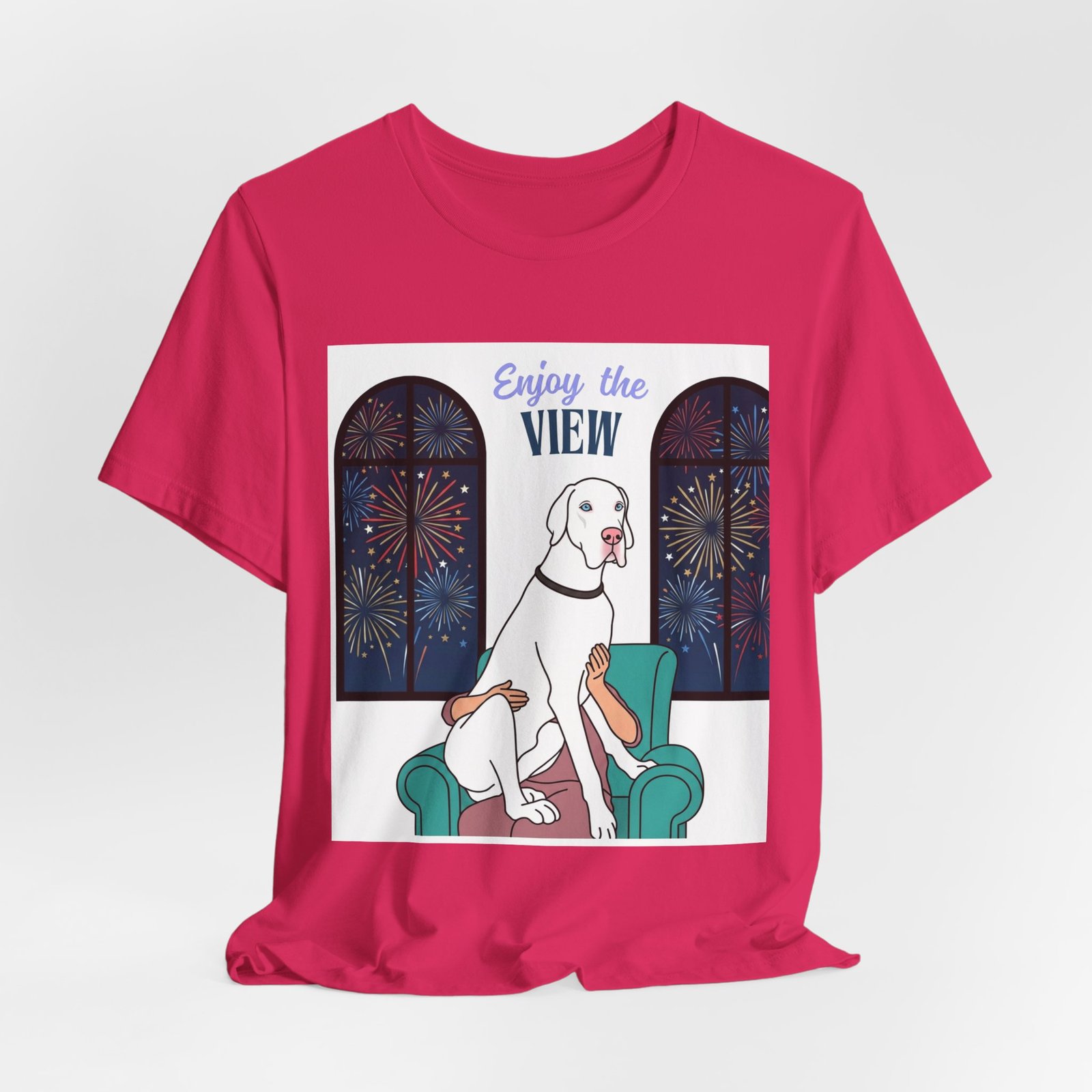 White with Blue Eyes Great Dane Enjoy the View T-Shirt — Dog Watching Fireworks Graphic Tee - Image 59