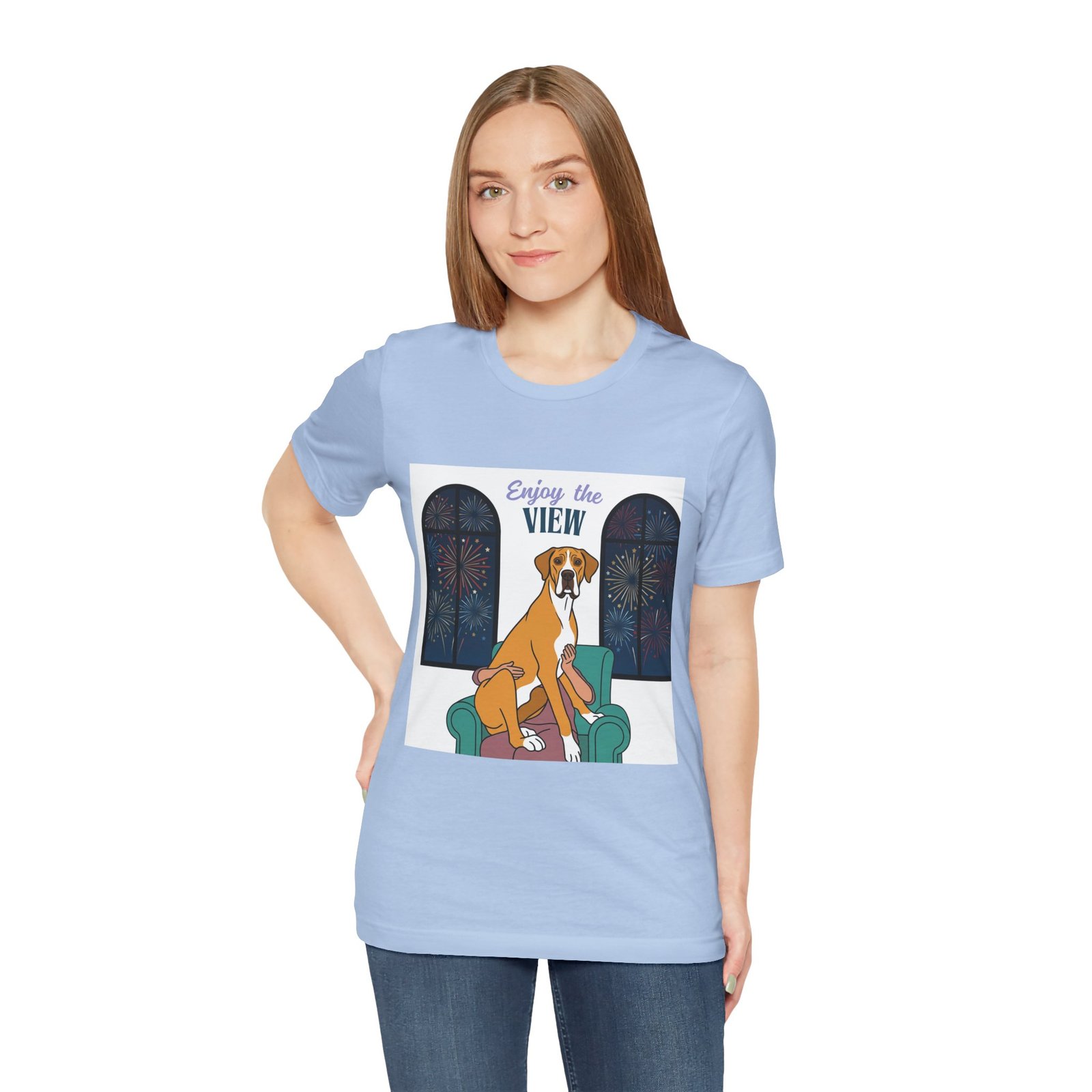 Fawn Mantle Great Dane Enjoy the View T-Shirt — Dog Watching Fireworks Graphic Tee - Image 45