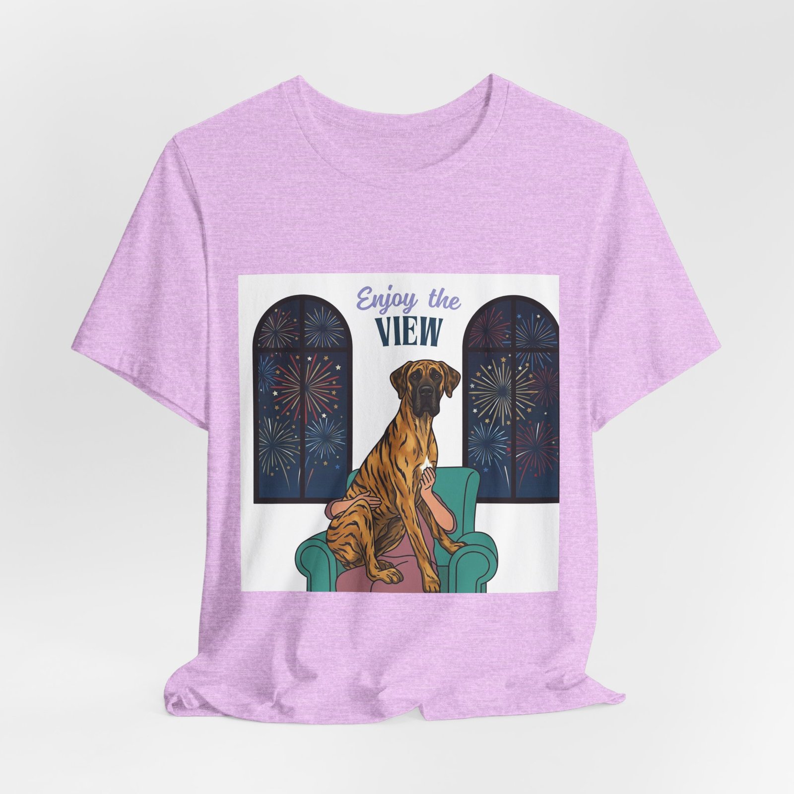 Brindle with white chest marking Great Dane Enjoy the View T-Shirt — Dog Watching Fireworks Graphic Tee - Image 5