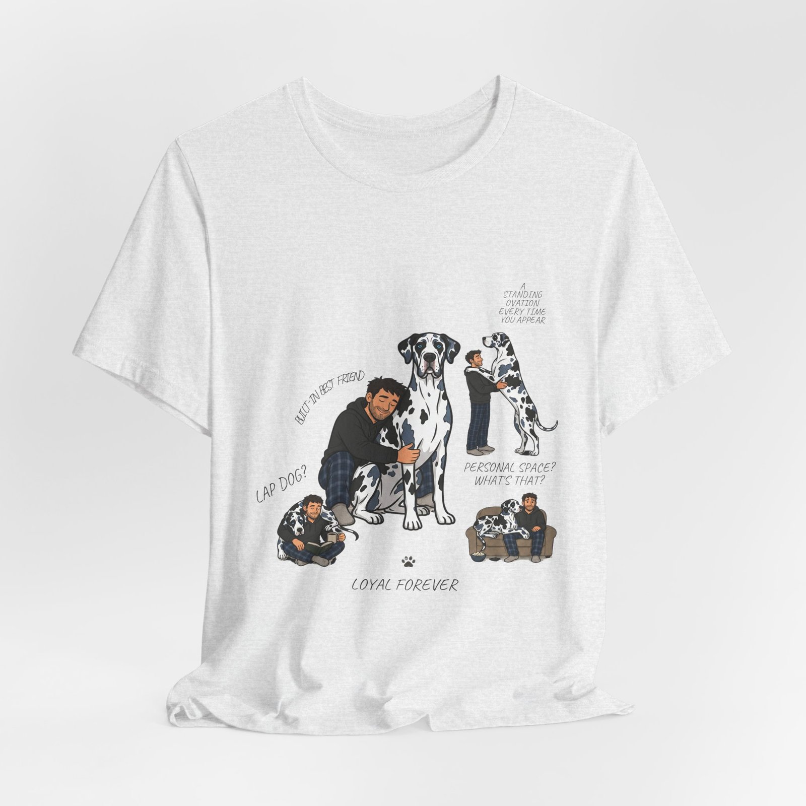 Blue and Black Merlequin with blue eyes Great Danes Illustrated Tee — "Men + Great Danes" Graphic T-Shirt - Image 69