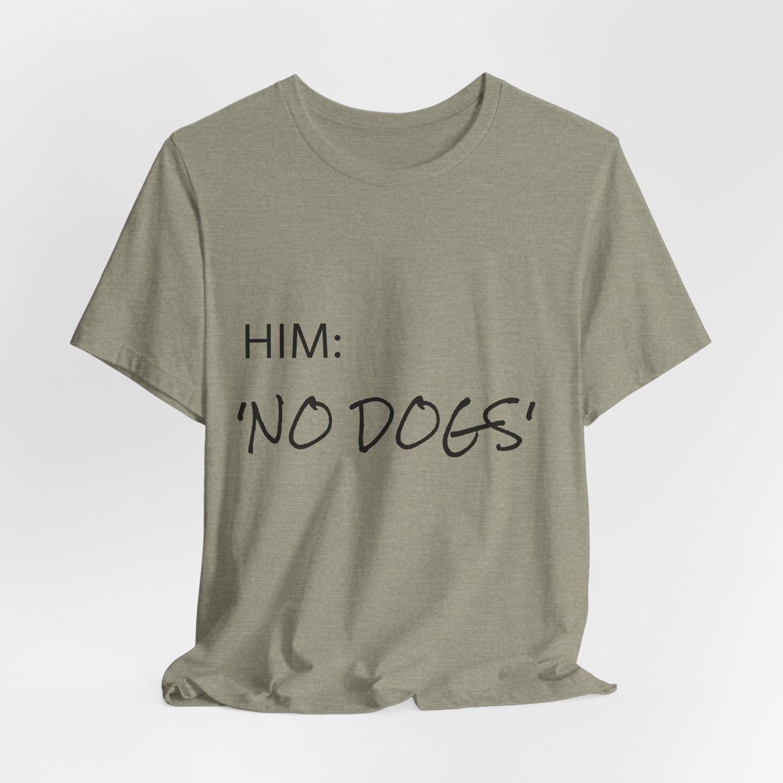 White Great Dane T-Shirt — "NO DOGS" Script Front with Man and Dog on Couch Graphic - Image 45