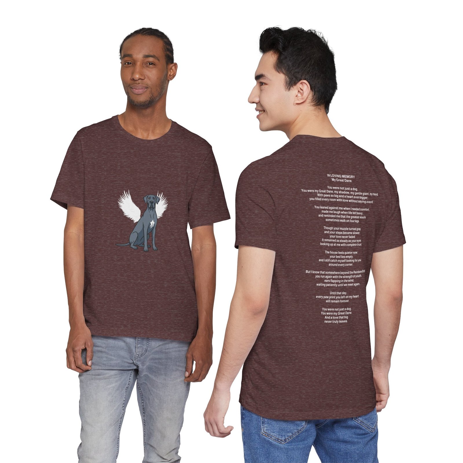 Unisex Blue Great Dane with White Chest Snip Great Dane Rainbow Bridge Lyric Back-Print Tee — 'Beloved Memory' Poem Shirt - Image 6