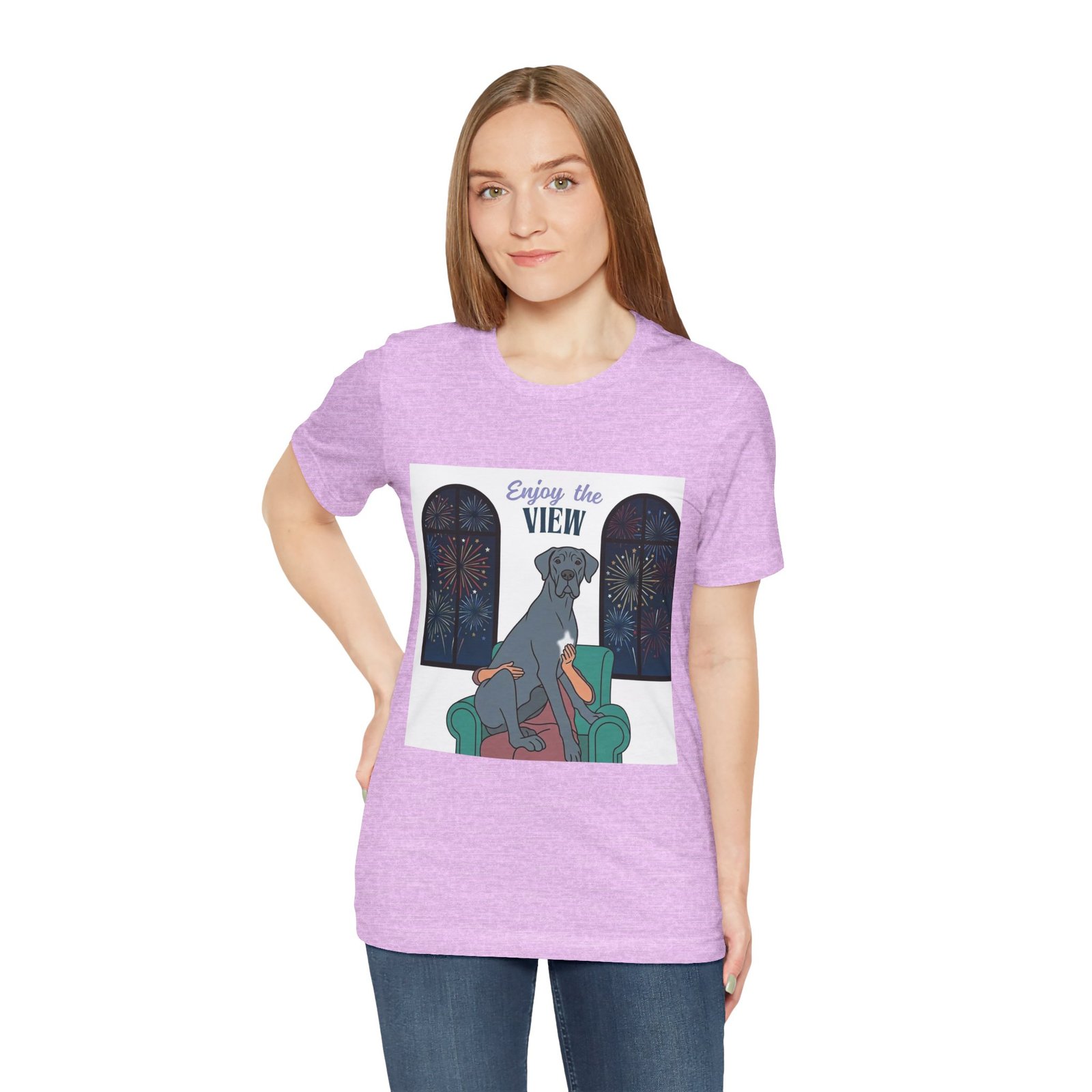 Blue with white chest marking Great Dane Enjoy the View T-Shirt — Dog Watching Fireworks Graphic Tee - Image 55