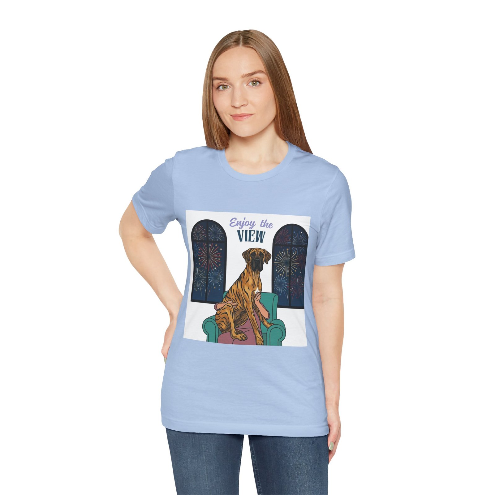 Brindle with white chest marking Great Dane Enjoy the View T-Shirt — Dog Watching Fireworks Graphic Tee - Image 45