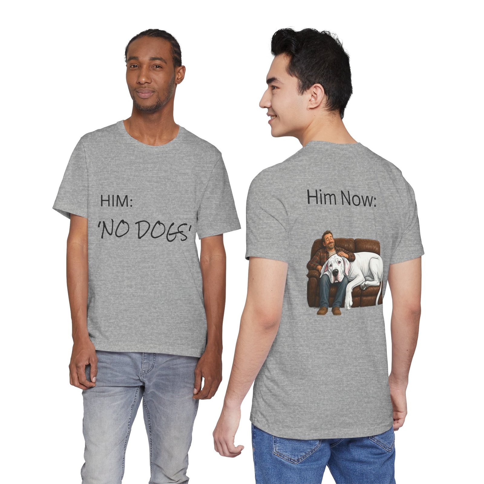White Great Dane T-Shirt — "NO DOGS" Script Front with Man and Dog on Couch Graphic - Image 21