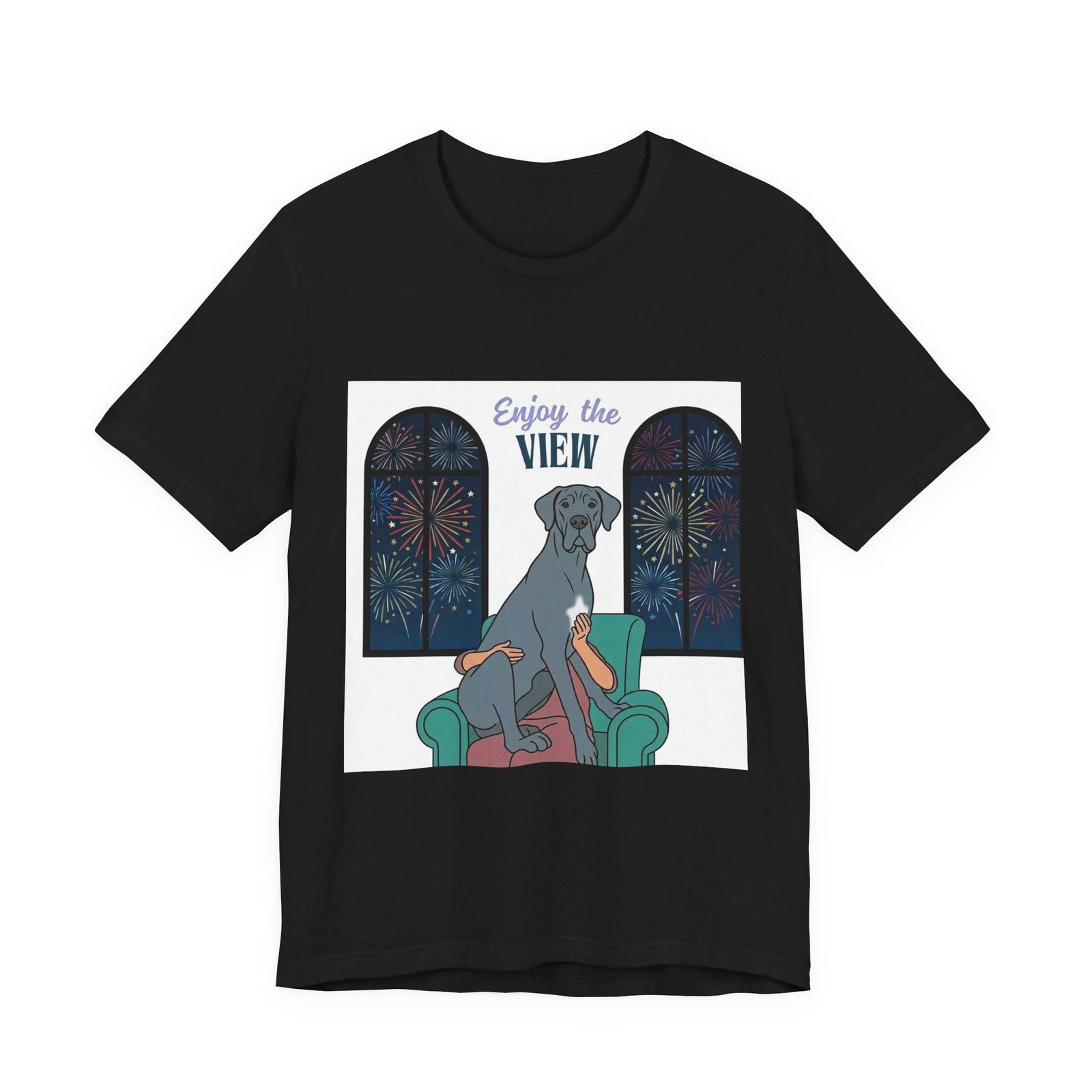 Blue with white chest marking Great Dane Enjoy the View T-Shirt — Dog Watching Fireworks Graphic Tee - Image 12