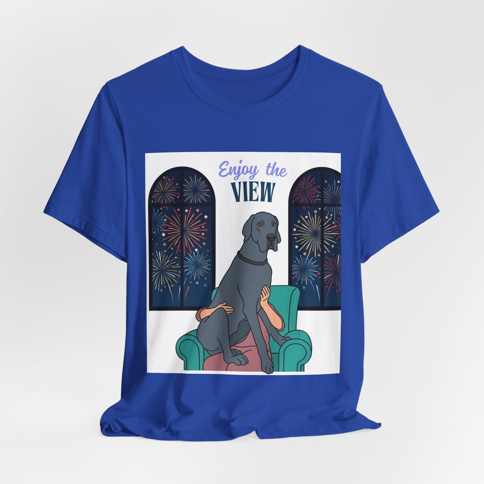 Blue Great Dane Enjoy the View T-Shirt — Dog Watching Fireworks Graphic Tee - Image 44
