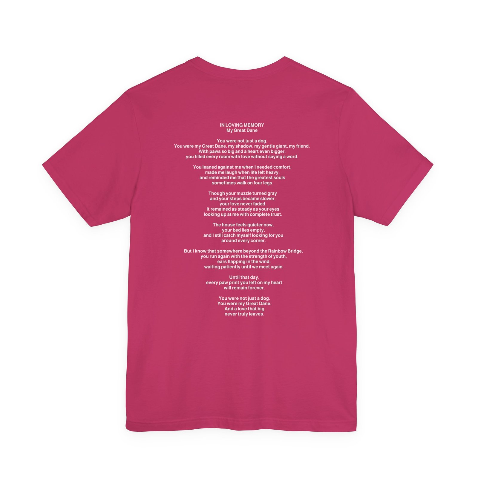 Unisex Brindle with White Chest Snip Great Dane Rainbow Bridge Lyric Back-Print Tee — 'Beloved Memory' Poem Shirt - Image 22