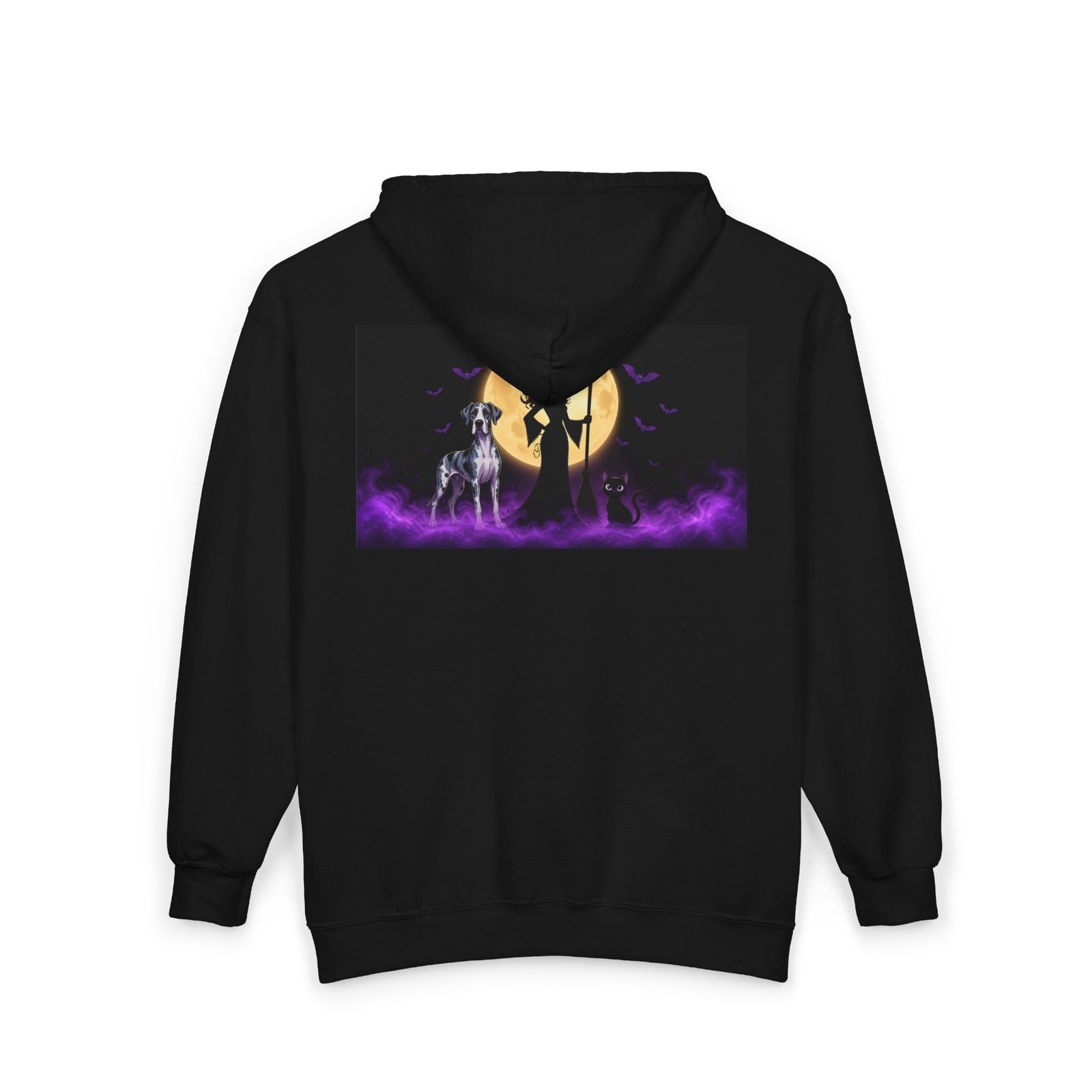 Black & Blue Merlequin Great Dane & Black Cat Witch Full-Zip Hoodie (Up to 3x) Back Printed Med-Heavy — Her Familiars - Image 4