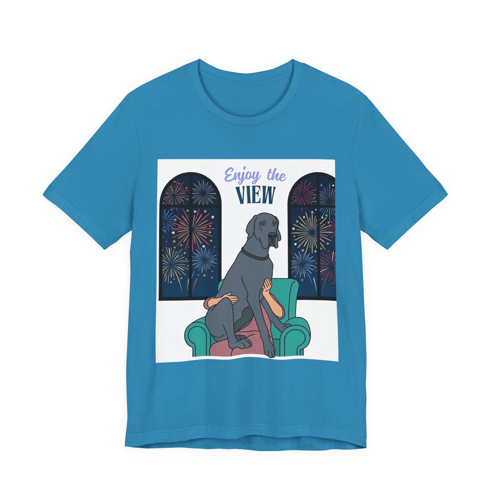Blue Great Dane Enjoy the View T-Shirt — Dog Watching Fireworks Graphic Tee - Image 31