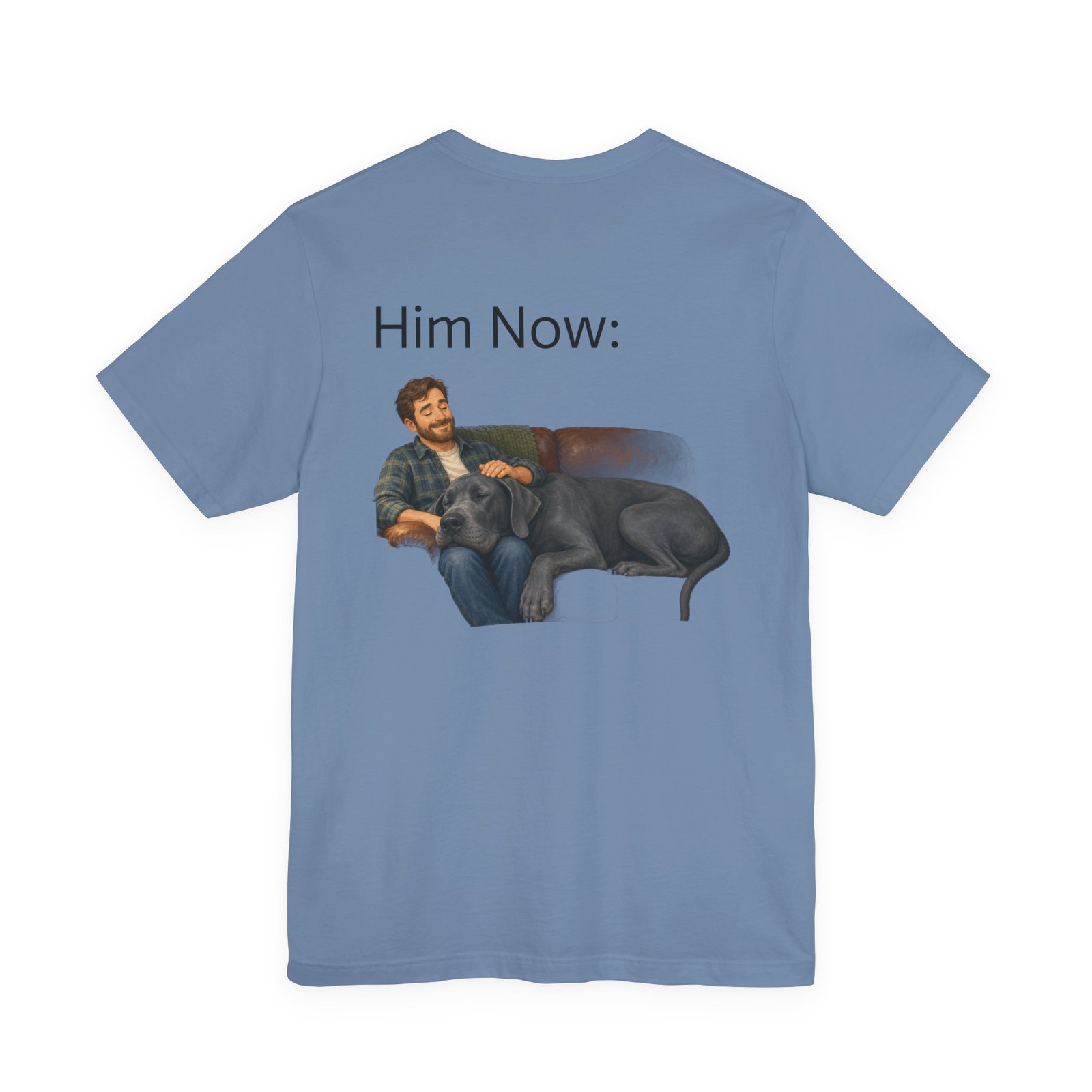Blue Great Dane T-Shirt — "NO DOGS" Script Front with Man and Dog on Couch Graphic - Image 27
