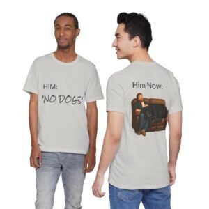 Black Great Dane T-Shirt — "NO DOGS" Script Front with Man and Dog on Couch Graphic