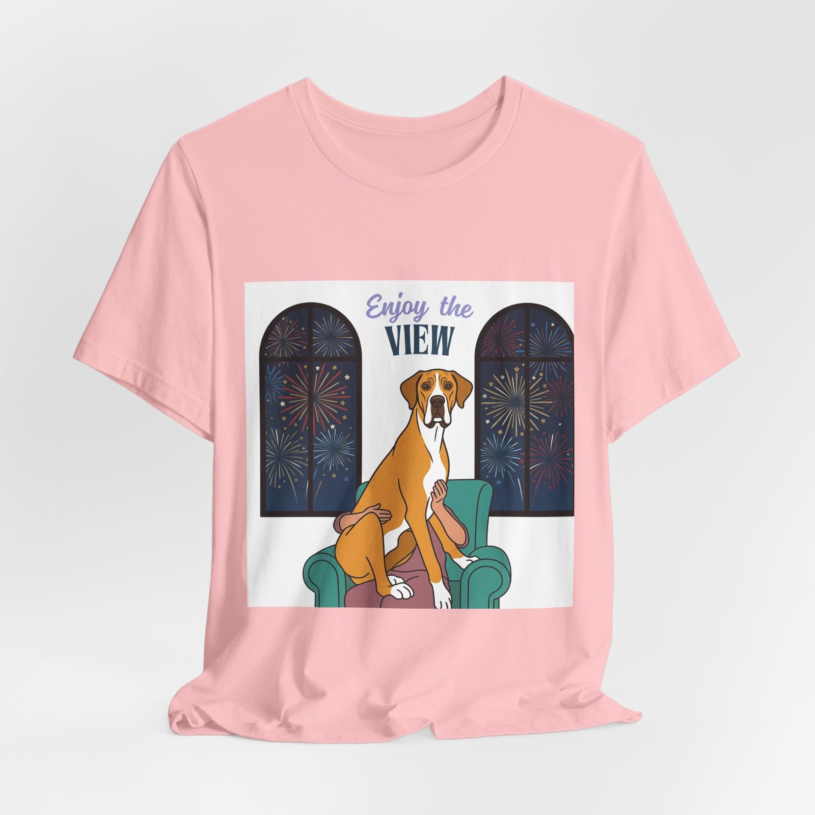 Fawn Mantle Great Dane Enjoy the View T-Shirt — Dog Watching Fireworks Graphic Tee - Image 64