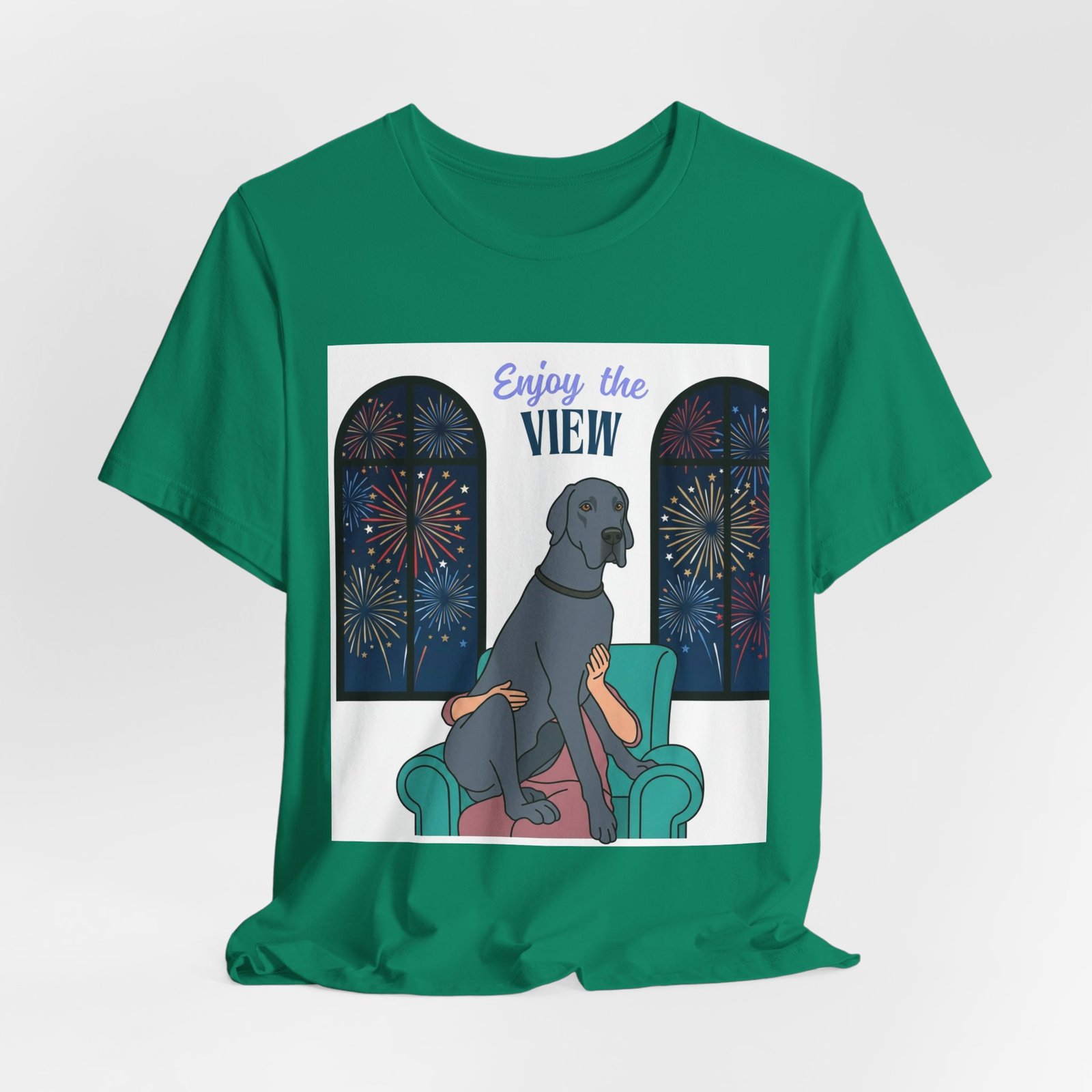 Blue Great Dane Enjoy the View T-Shirt — Dog Watching Fireworks Graphic Tee - Image 24