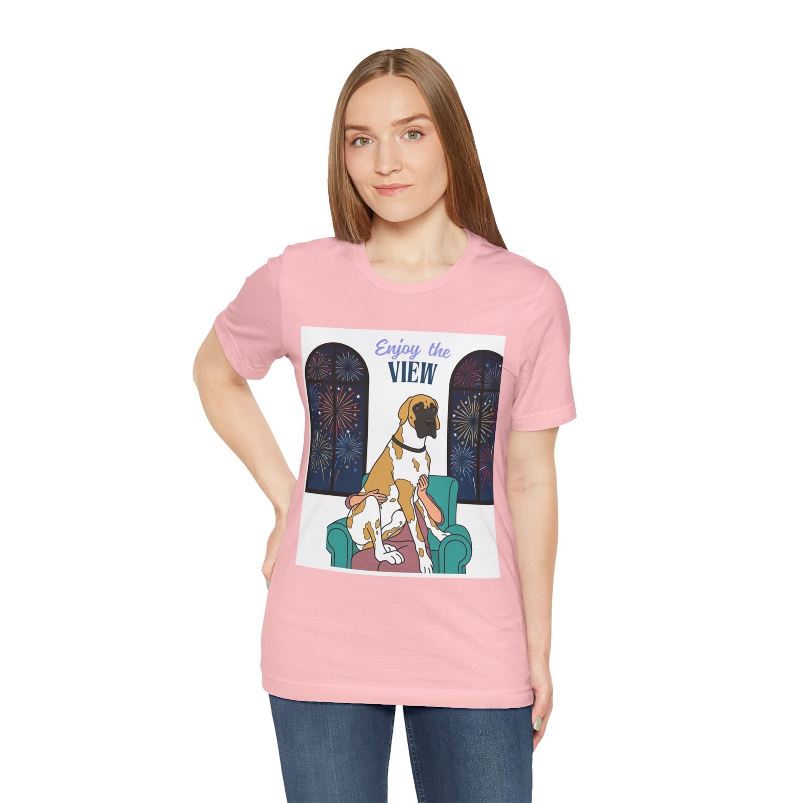 Fawnequin Great Dane Enjoy the View T-Shirt — Dog Watching Fireworks Graphic Tee - Image 65