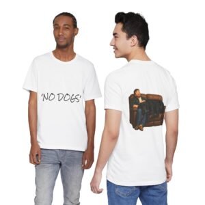 Black Great Dane T-Shirt — "NO DOGS" Script Front with Man and Dog on Couch Graphic