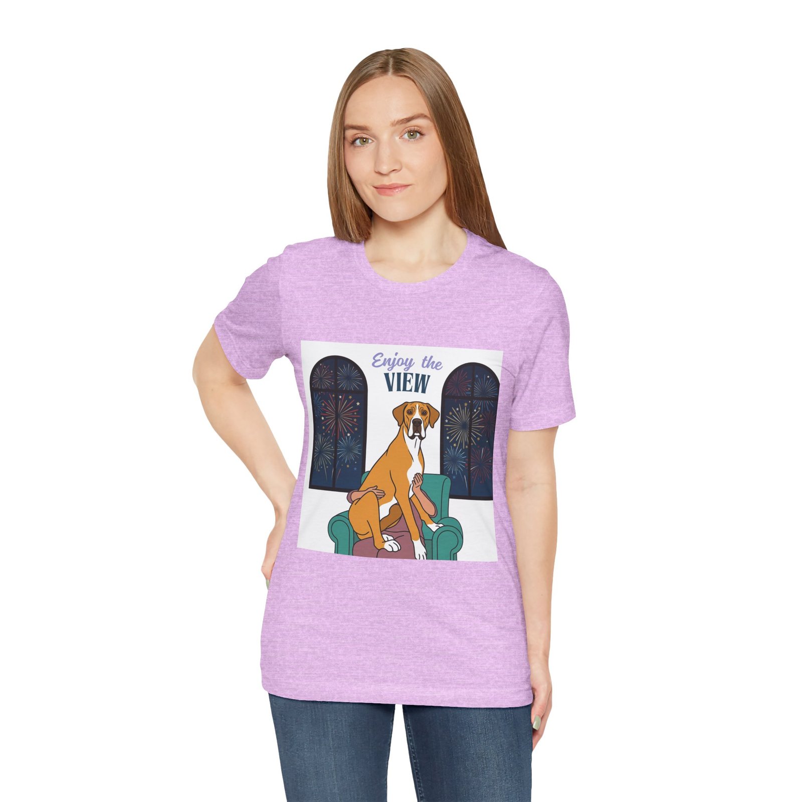 Fawn Mantle Great Dane Enjoy the View T-Shirt — Dog Watching Fireworks Graphic Tee - Image 60