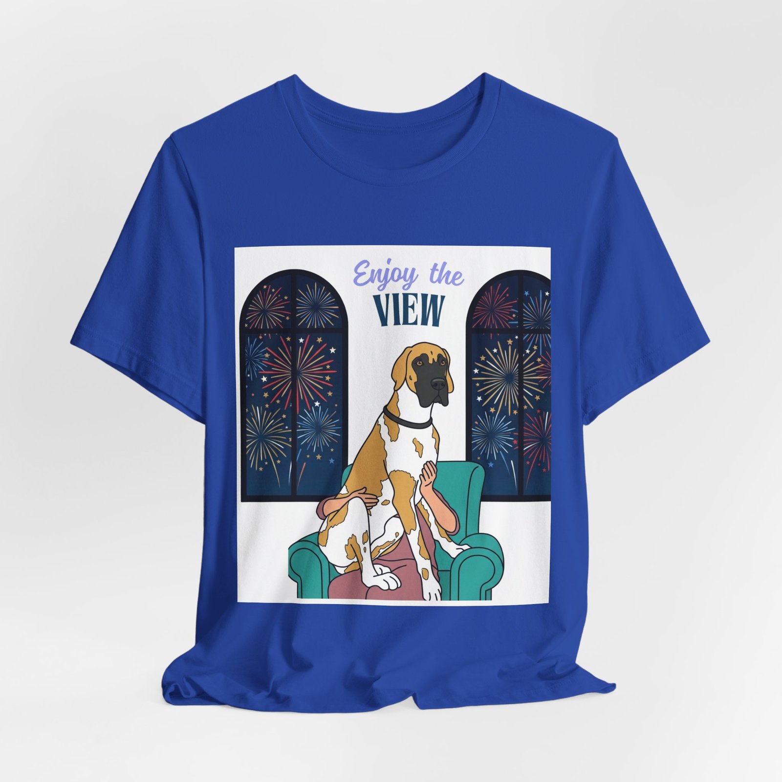 Fawnequin Great Dane Enjoy the View T-Shirt — Dog Watching Fireworks Graphic Tee - Image 49