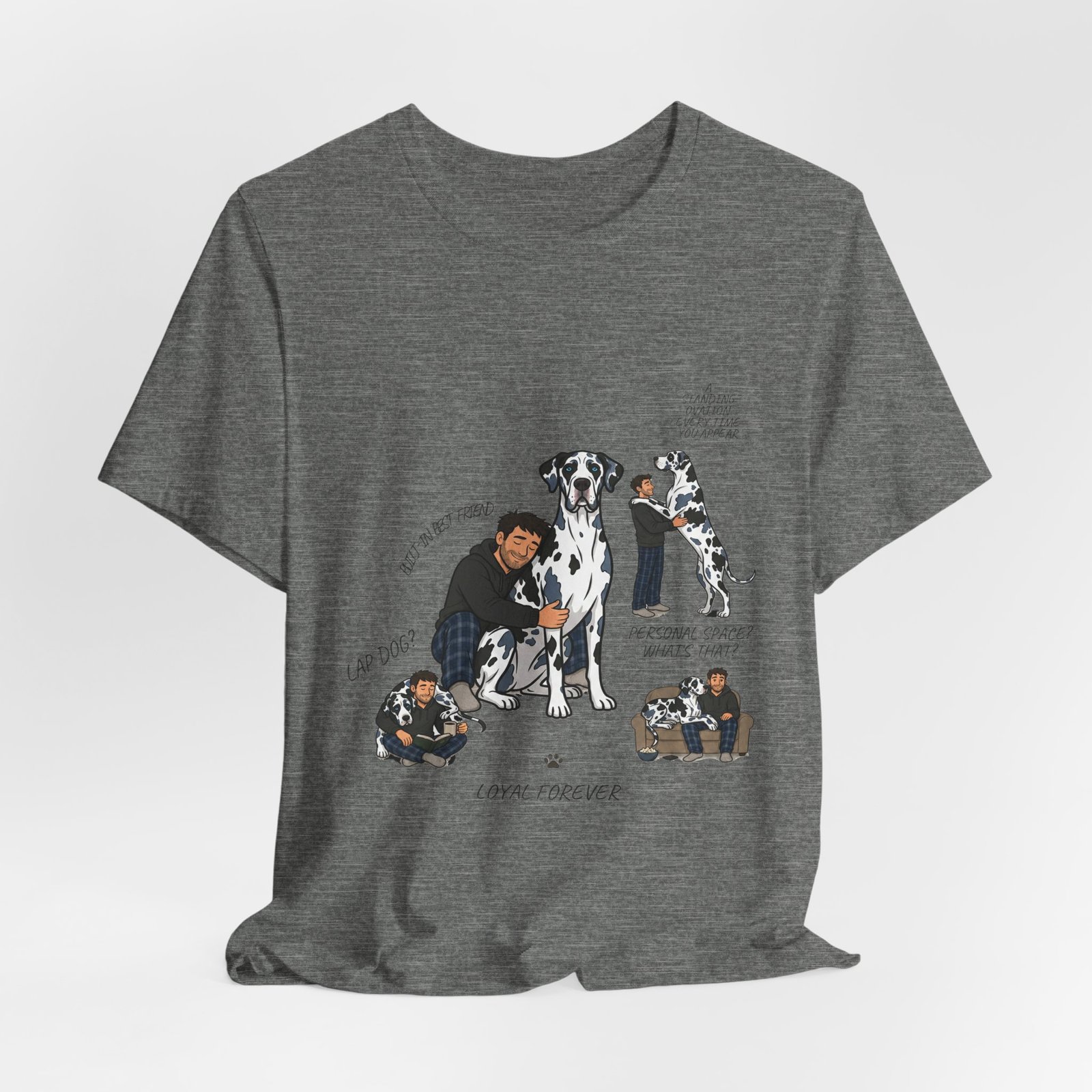 Blue and Black Merlequin with blue eyes Great Danes Illustrated Tee — "Men + Great Danes" Graphic T-Shirt - Image 9