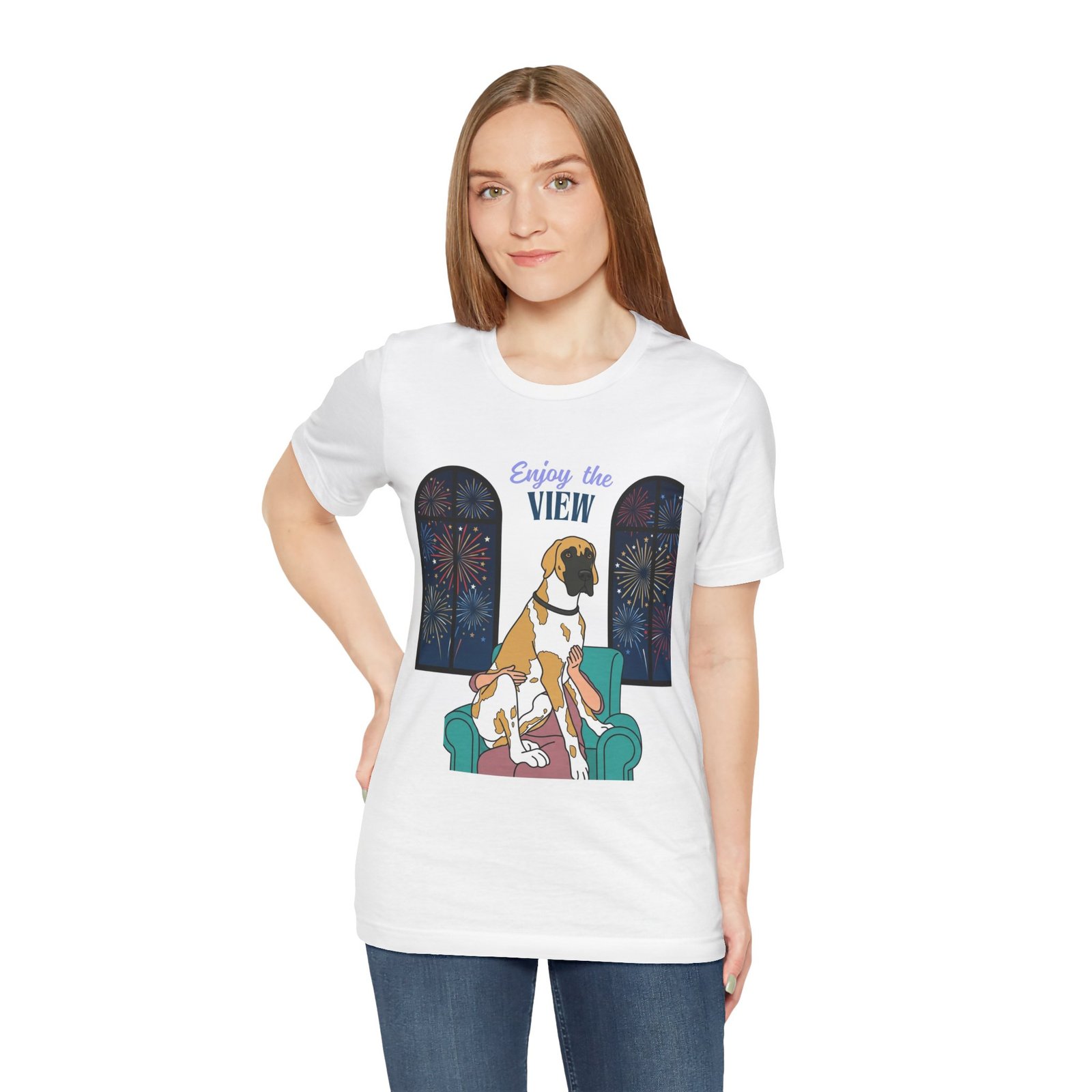 Fawnequin Great Dane Enjoy the View T-Shirt — Dog Watching Fireworks Graphic Tee - Image 16
